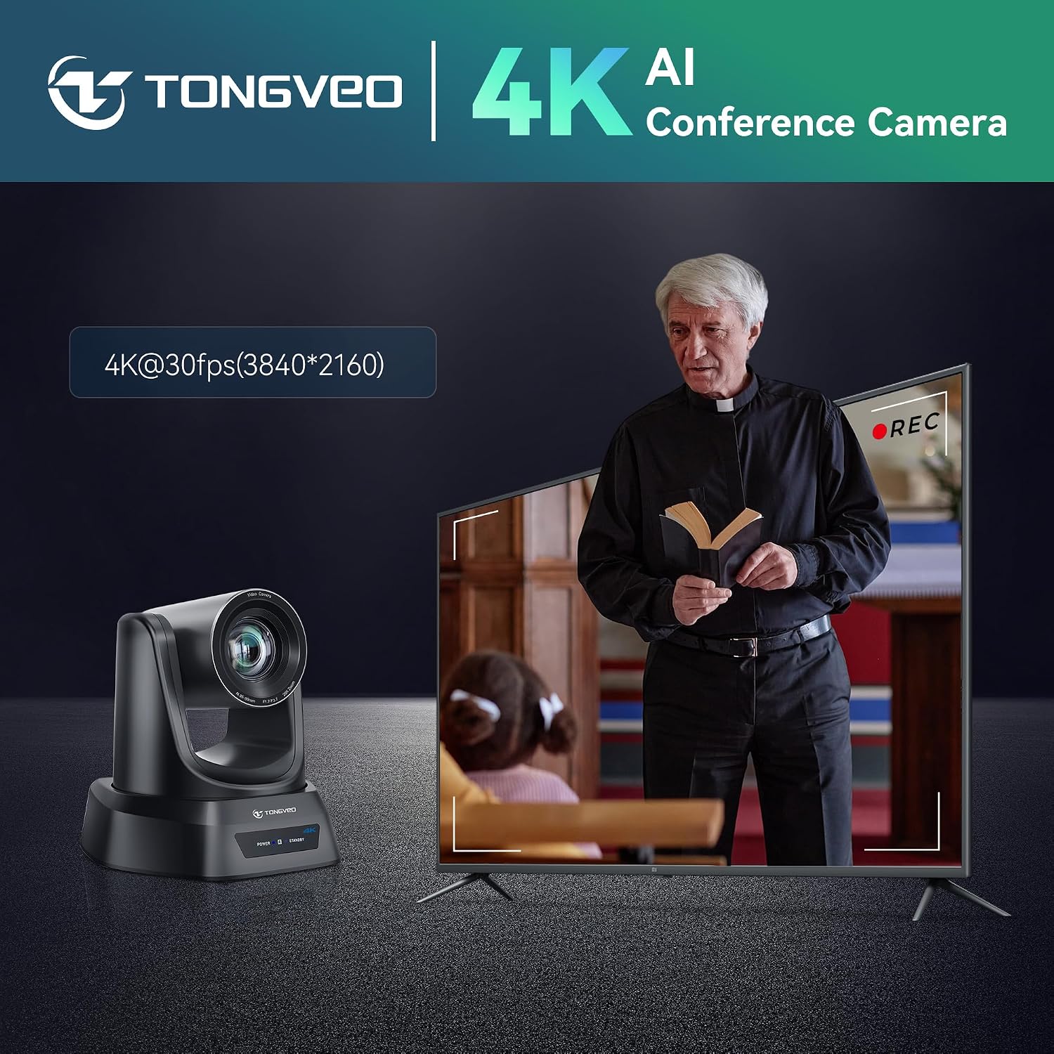 TONGVEO 4K AI PTZ Camera with Auto Tracking and 20X Optical Zoom, Conference Room Webcam with HDMI/USB3.0/LAN/PoE, Ideal for Church Worship, Zoom Meetings, Live Streaming and Education - Image 3