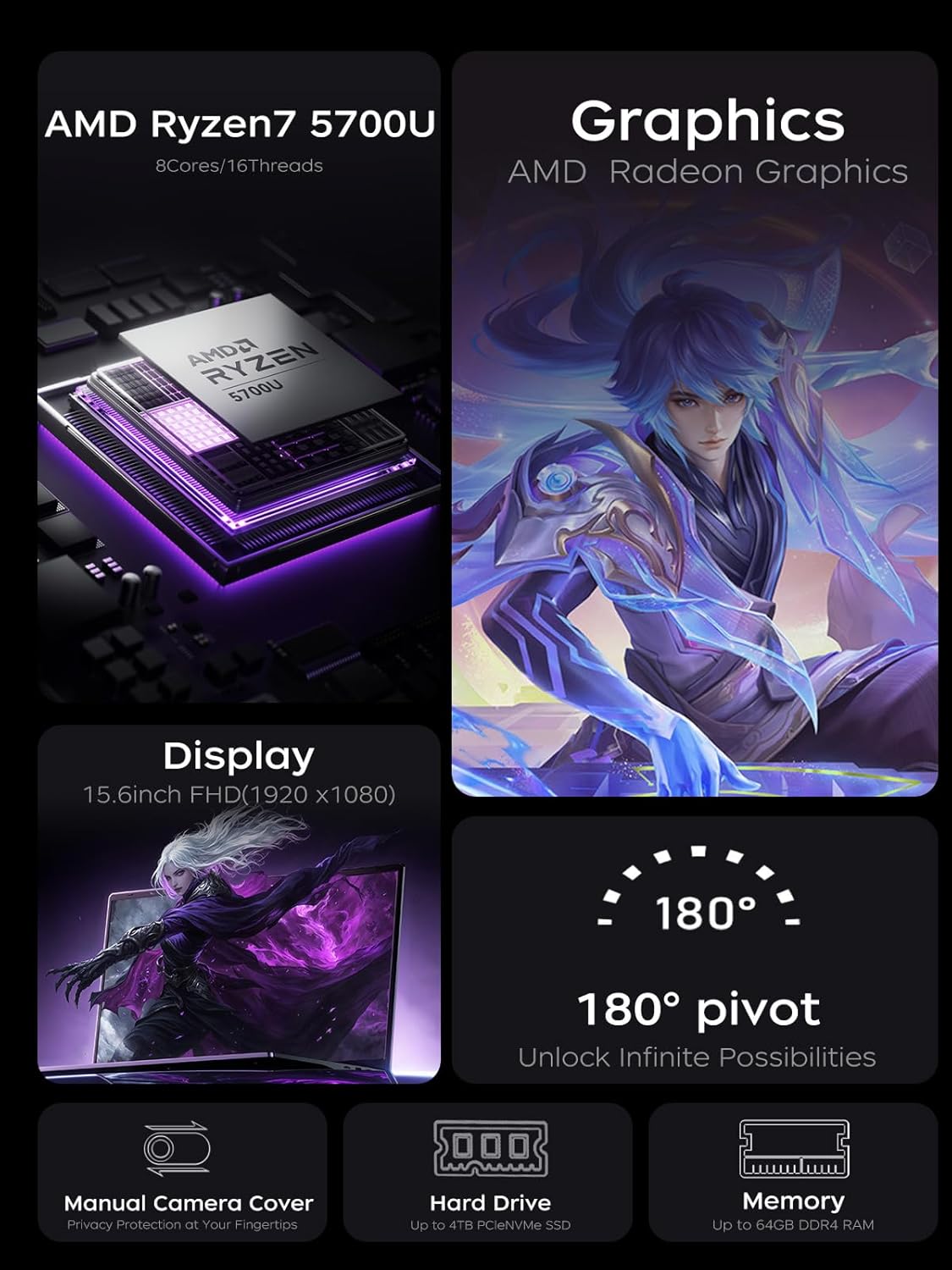 MALLRACE 2026 Light Gaming Laptop with AMD Ryzen 7 5700U 8-core (Beats i7-1265U,up to 4.3GHz),16GB DDR4 512GB SSD, AMD Radeon Graphics,WiFi 6,15.6 inch IPS Display,Webcam, AMD Laptop Computer - Image 2