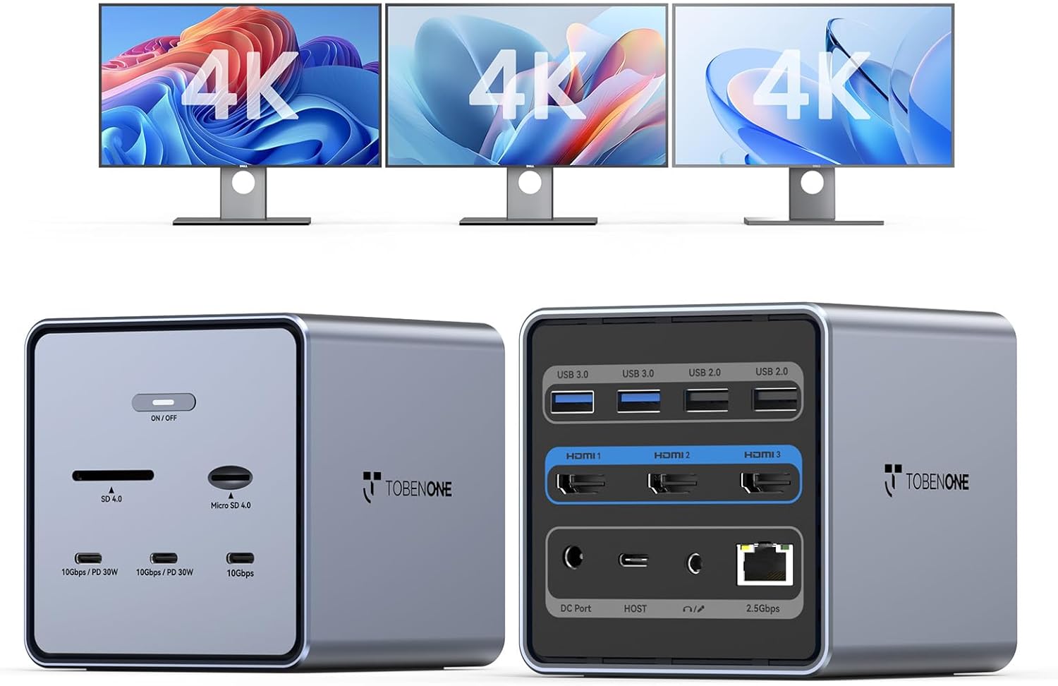TobenONE 16-in-1 Laptop Docking Station π§πΏπΆπ½πΉπ² π°π Monitor with 150W Power Supply, 3 HDMI, 2.5Gbps Ethernet, 7 USB, USB-C Docking Station for Thunderbolt 5/4/3 Windows/Dell/Lenovo/HP/Asus