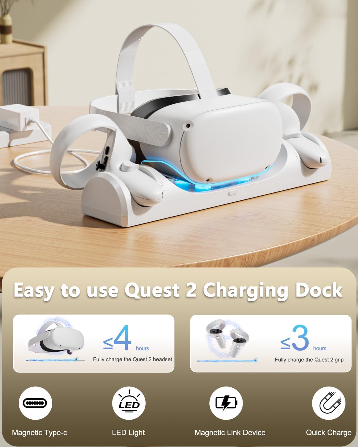 Charging Dock for Meta Quest 2, Magnetic Fast Charging Station for 0culus Quest 2 Accessories with 2000mAh Rechargeable Batteries, 3H Fast Charge & LED Indicators, Charging Stand for VR2 Headset - Image 5