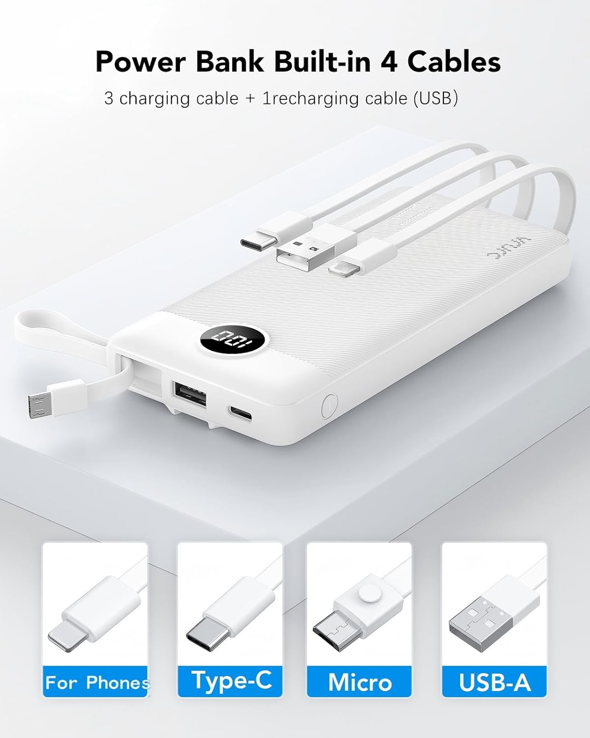 VRURC Portable Charger Built in Cables, Slim Power Bank 10000mAh, Multi Devices Charging Bank with Lanyard, USB C Battery Pack 5 Outputs for for All Cell Phones Devices, Samsung,Android-White(1 Pack) - Image 2