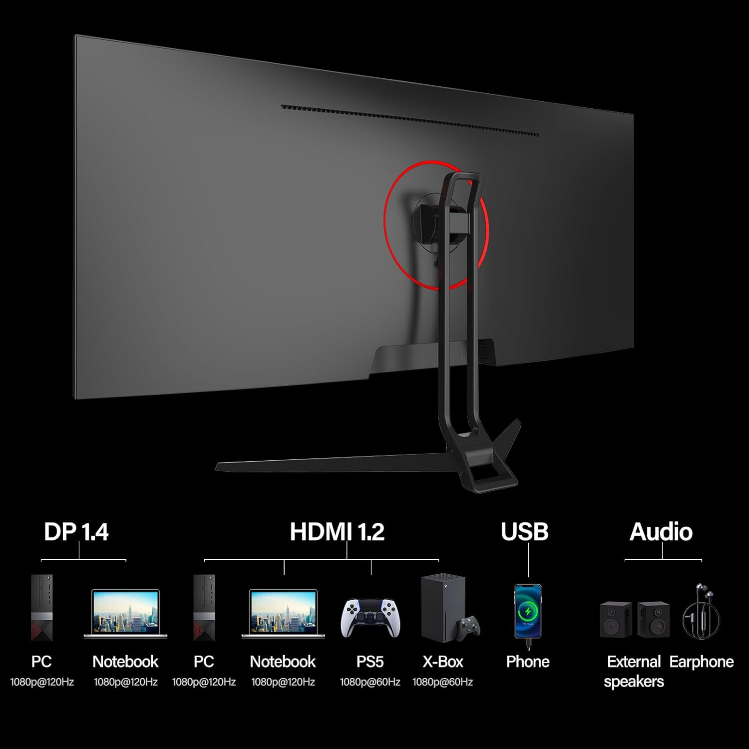 Gawfolk Gaming Monitor 34 inch IPS 120Hz, Ultrawide PC Screen 2560×1080P Ultra-Thin Zero Frame Computer Display for Home Office Business, DP, HDMI, Wall-Mounted, Black - Image 7