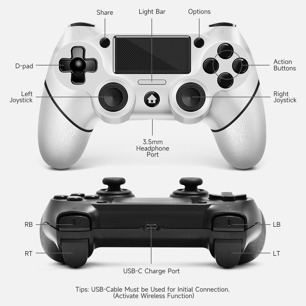AceGamer 2 Pack for PS4 Controller, Wireless Controller for PS4/Pro/Slim/PC, with Non-Slip Grip of Both Sides and USB-C Cable! (Black and White) - Image 2
