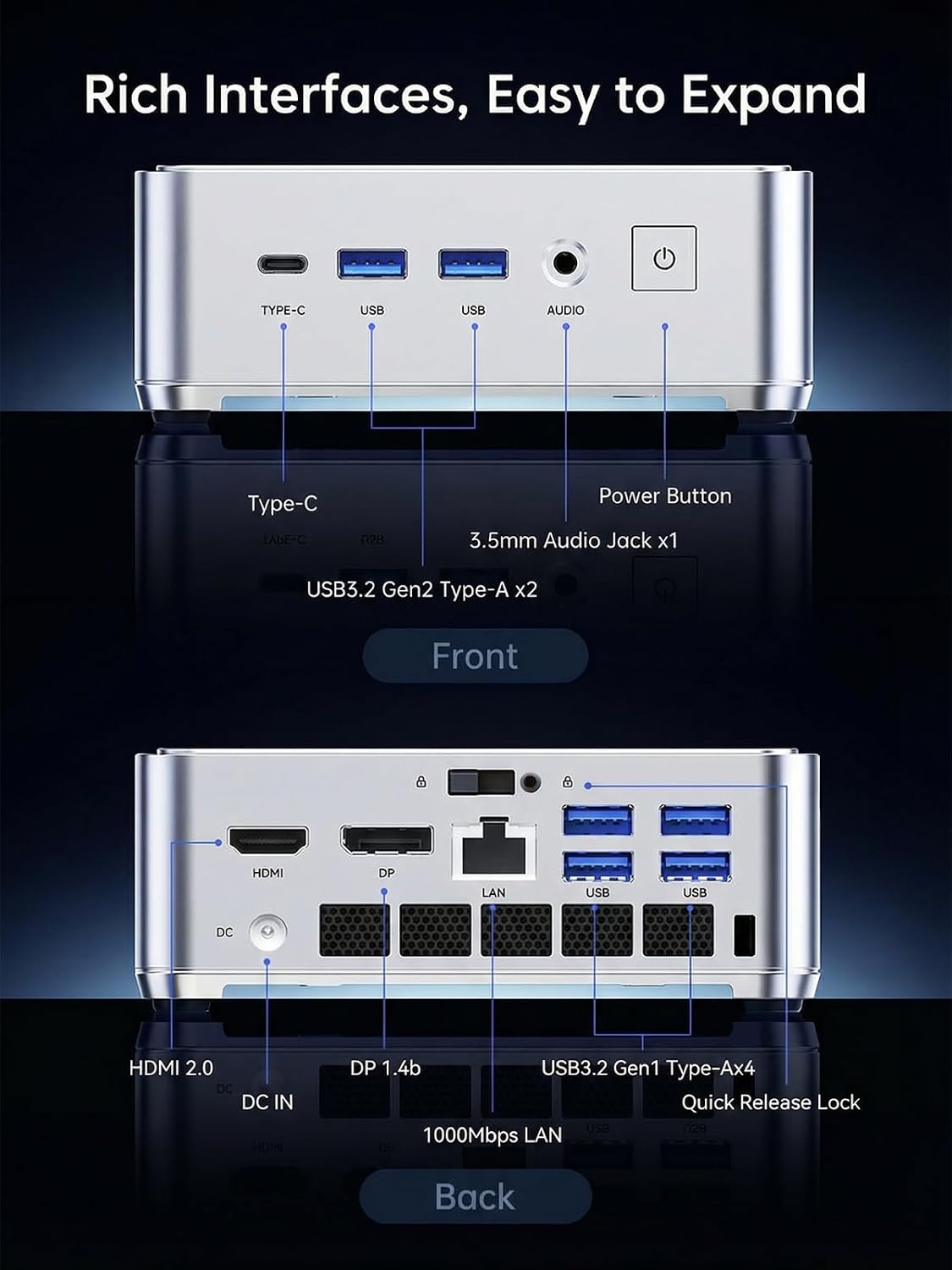KAMRUI Hyper H2 Mini PC Windows 11 Pro, Intel Core 14450HX Mini Computer(10C/16T, 4.8GHz), 16GB RAM 512GB PCIe4.0 SSD, Triple 4K(USB-C/HDMI/DP), WiFi 6 BT5.2 Micro Desktop PC for Business Office - Image 8