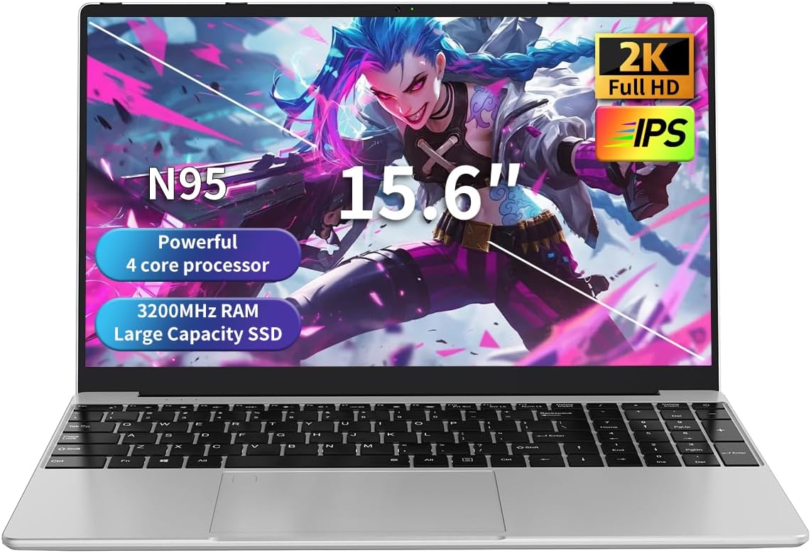Gaming Laptop, N95 up to 3.4GHz, 16GB RAM, 512GB SSD, 15.6" 2K Display, Fingerprint Unlock, Slim & Lightweight Laptop for Work & Study, Gray