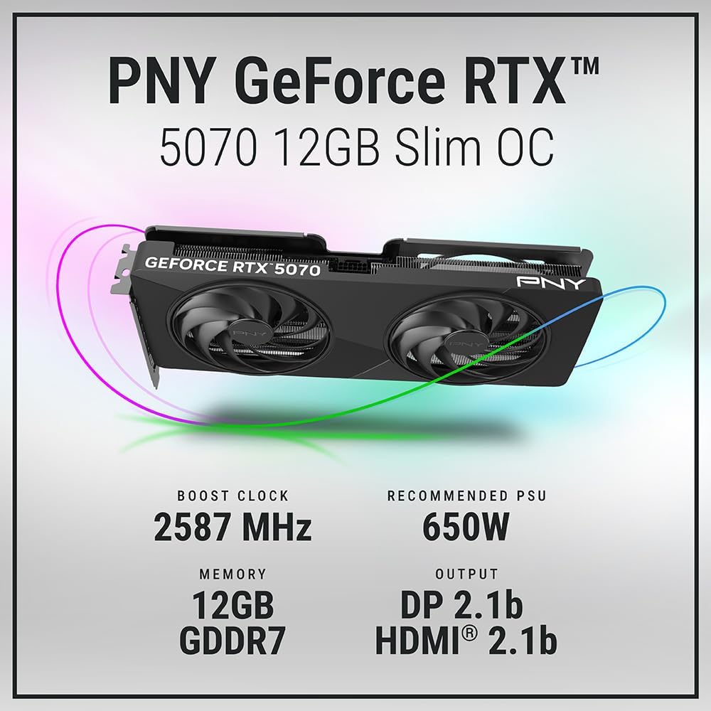 PNY NVIDIA GeForce RTX™ 5070 Slim Dual-Fan, Dual-Slot OC Graphics Card (12GB GDDR7, SFF-Ready, 192-bit, Boost Speed: 2587 MHz, PCIe® 5.0, HDMI®/DP 2.1, NVIDIA Blackwell Architecture, DLSS 4.5) - Image 2