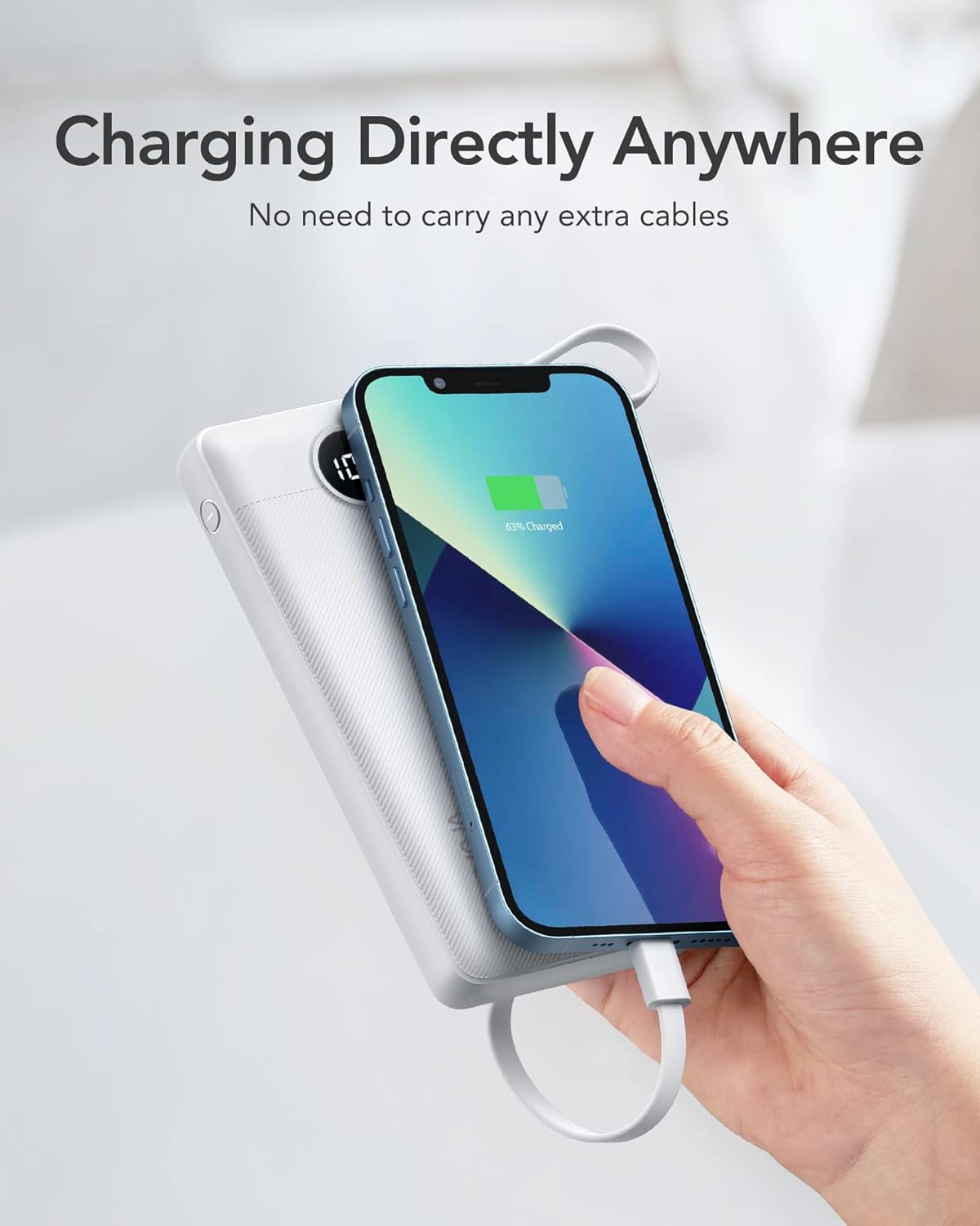 VRURC Portable Charger Built in Cables, Slim Power Bank 10000mAh, Multi Devices Charging Bank with Lanyard, USB C Battery Pack 5 Outputs for for All Cell Phones Devices, Samsung,Android-White(1 Pack) - Image 7