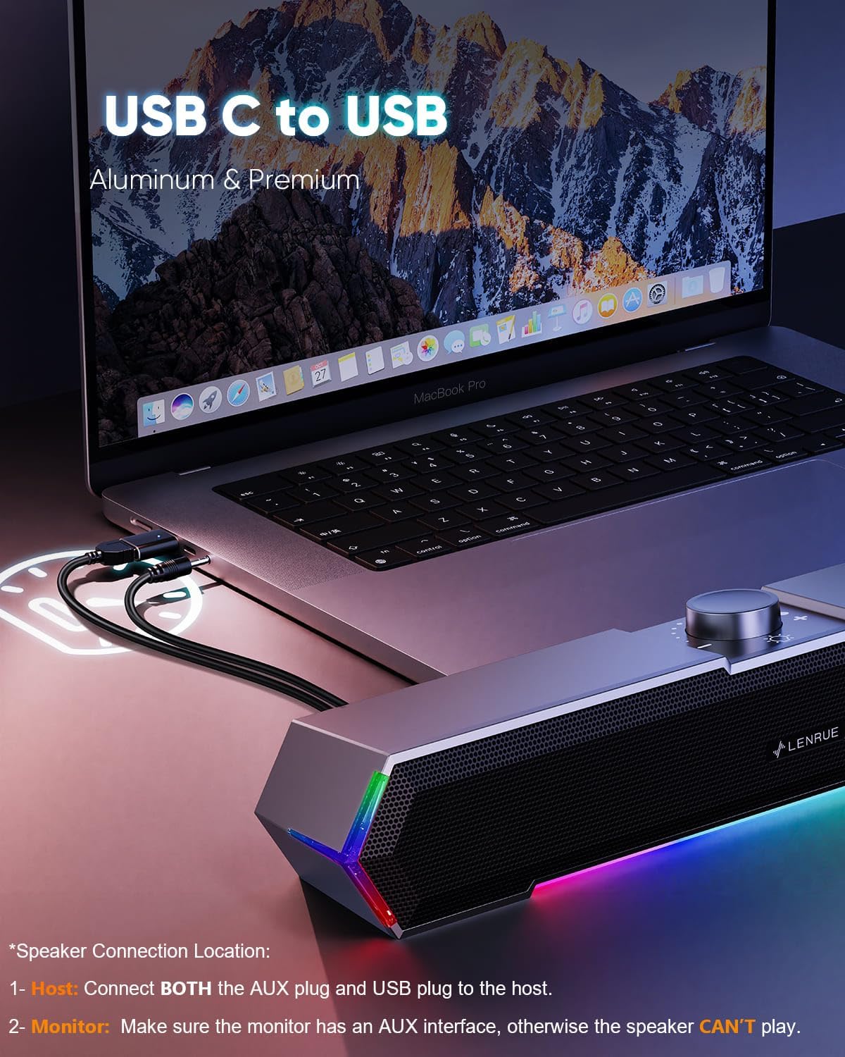 LENRUE G11 Computer Speakers for Desktop, Touch Lights PC Speakers with Surge Clear Sound, USB C/USB Powered, AUX Audio for Computer Desktop PC Laptop Desk - Image 6