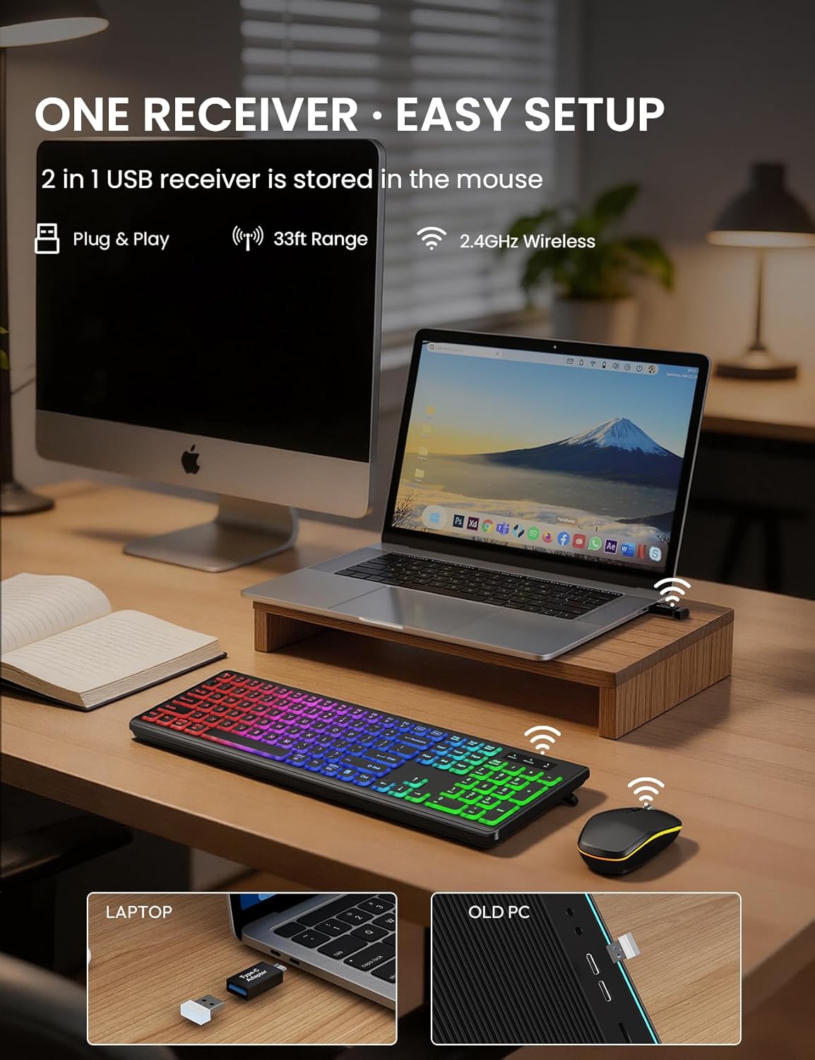 Wireless Keyboard and Mouse Combo, RGB Backlit, Rechargeable & Light Up Letters, Full-Size, Soft Typing, Sleep Mode, 2.4GHz Quiet Keyboard Set for Mac, Windows, Laptop, PC, Trueque KM42Pro (Black) - Image 3