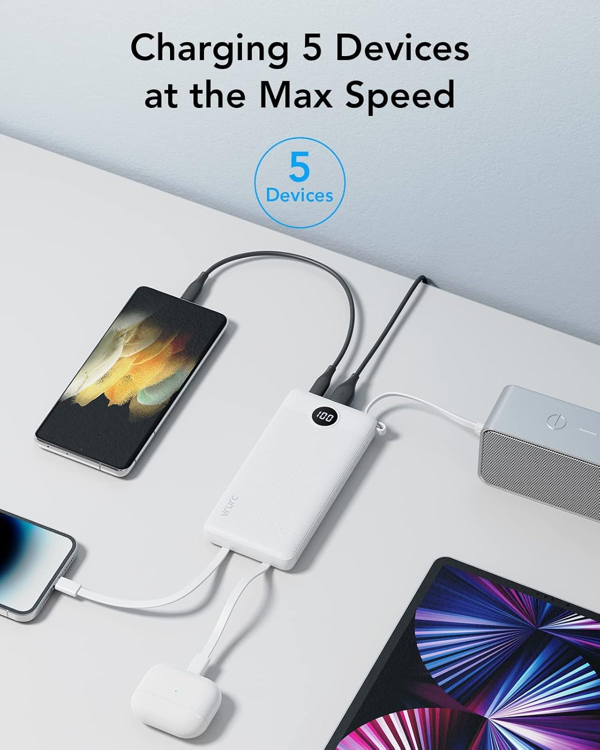 VRURC Portable Charger Built in Cables, Slim Power Bank 10000mAh, Multi Devices Charging Bank with Lanyard, USB C Battery Pack 5 Outputs for for All Cell Phones Devices, Samsung,Android-White(1 Pack) - Image 4