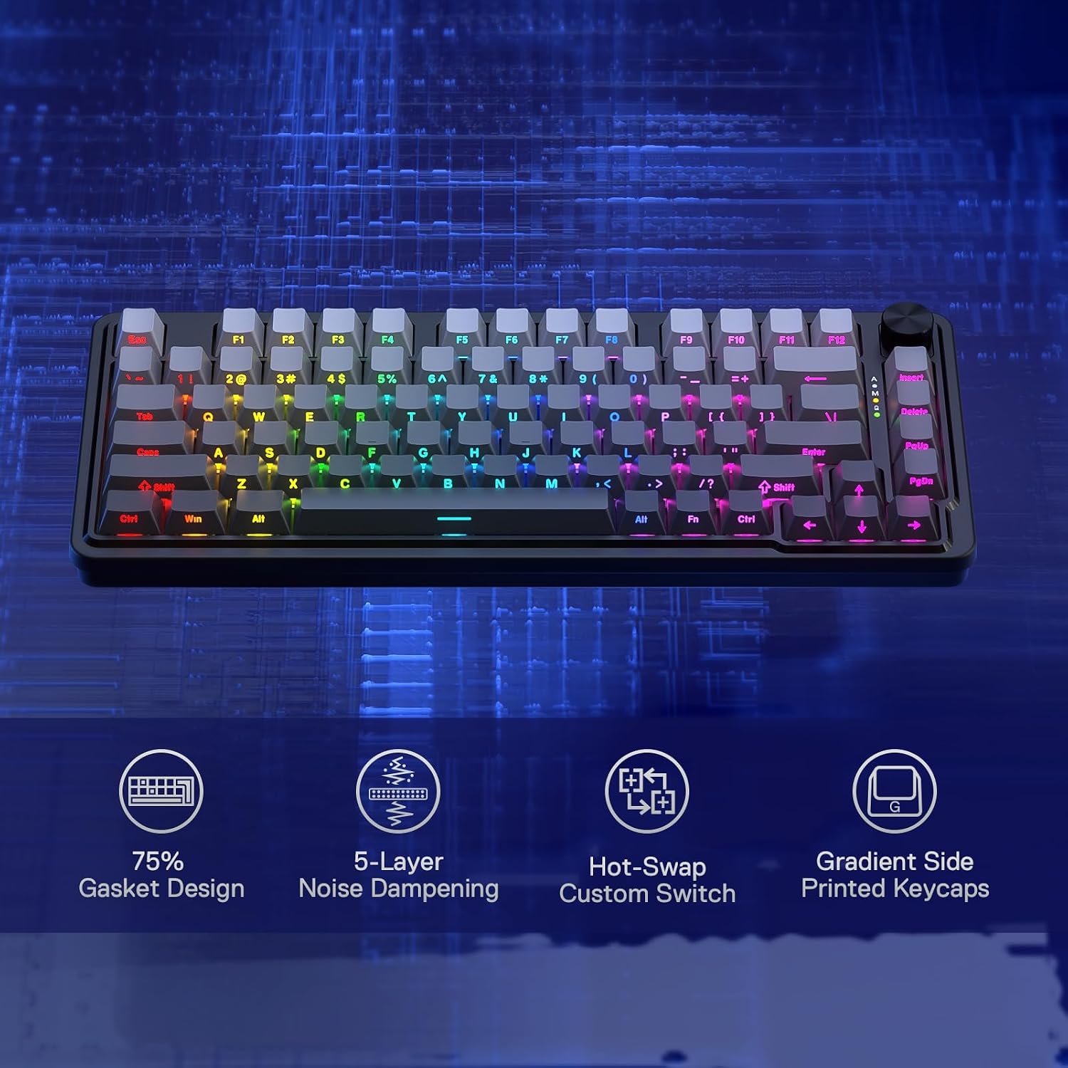 Redragon K673 GB 75% Wireless Gasket RGB Gaming Keyboard, 3-Modes 81 Keys PBT Compact Mechanical Keyboard w/Hot-Swap Socket, Dedicated Knob Control & 5-Layer Noise Dampening, Custom Linear Switch - Image 2