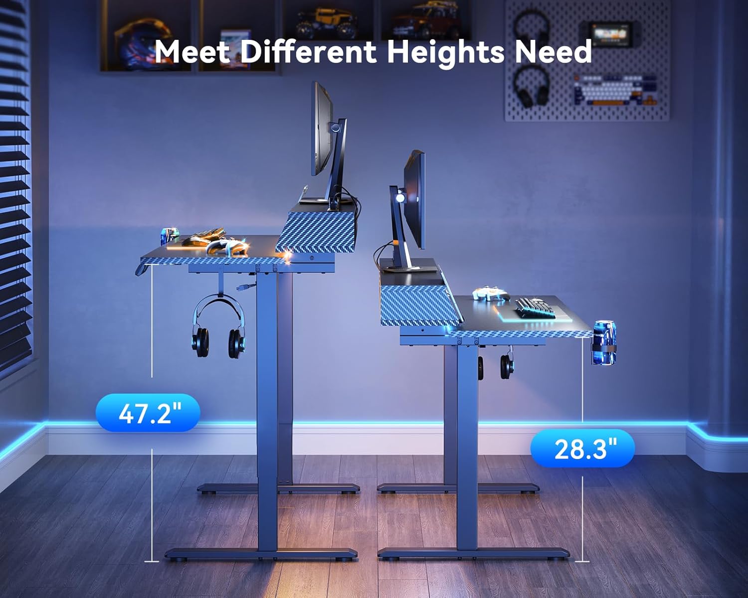 OffiGo Gaming Standing Desk with LED Light, 55 Inch Electric Height Adjustable Table with Power Outlet & Monitor Stand, Sit Stand Computer Workstation for Home, Bedroom, Black - Image 9