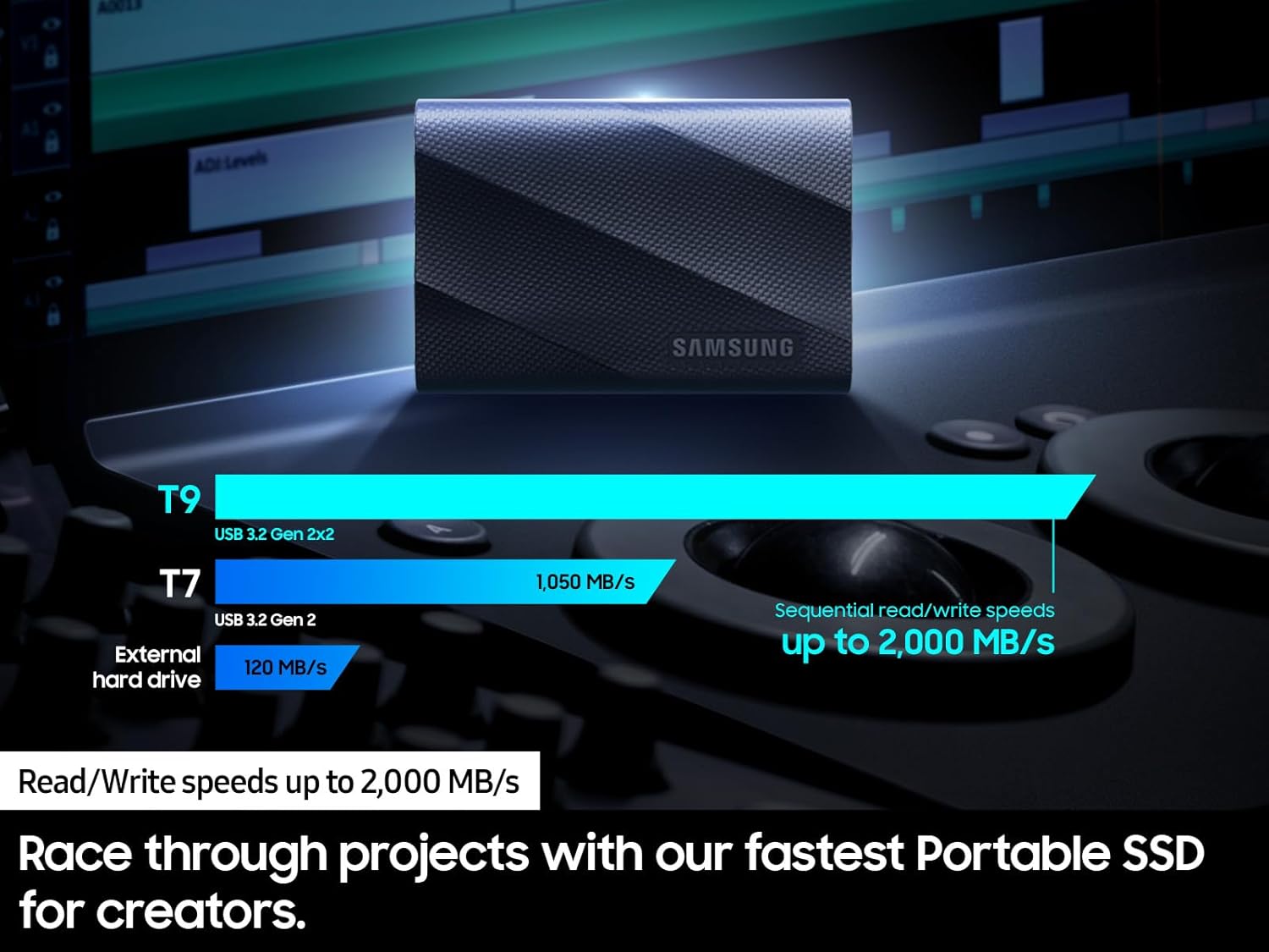 Samsung T9 Portable SSD 1TB, USB 3.2 Gen 2x2 External Solid State Drive, Seq. Read Speeds Up to 2,000MB/s for Gaming, Students and Professionals, MU-PG1T0B/AM, Black - Image 3