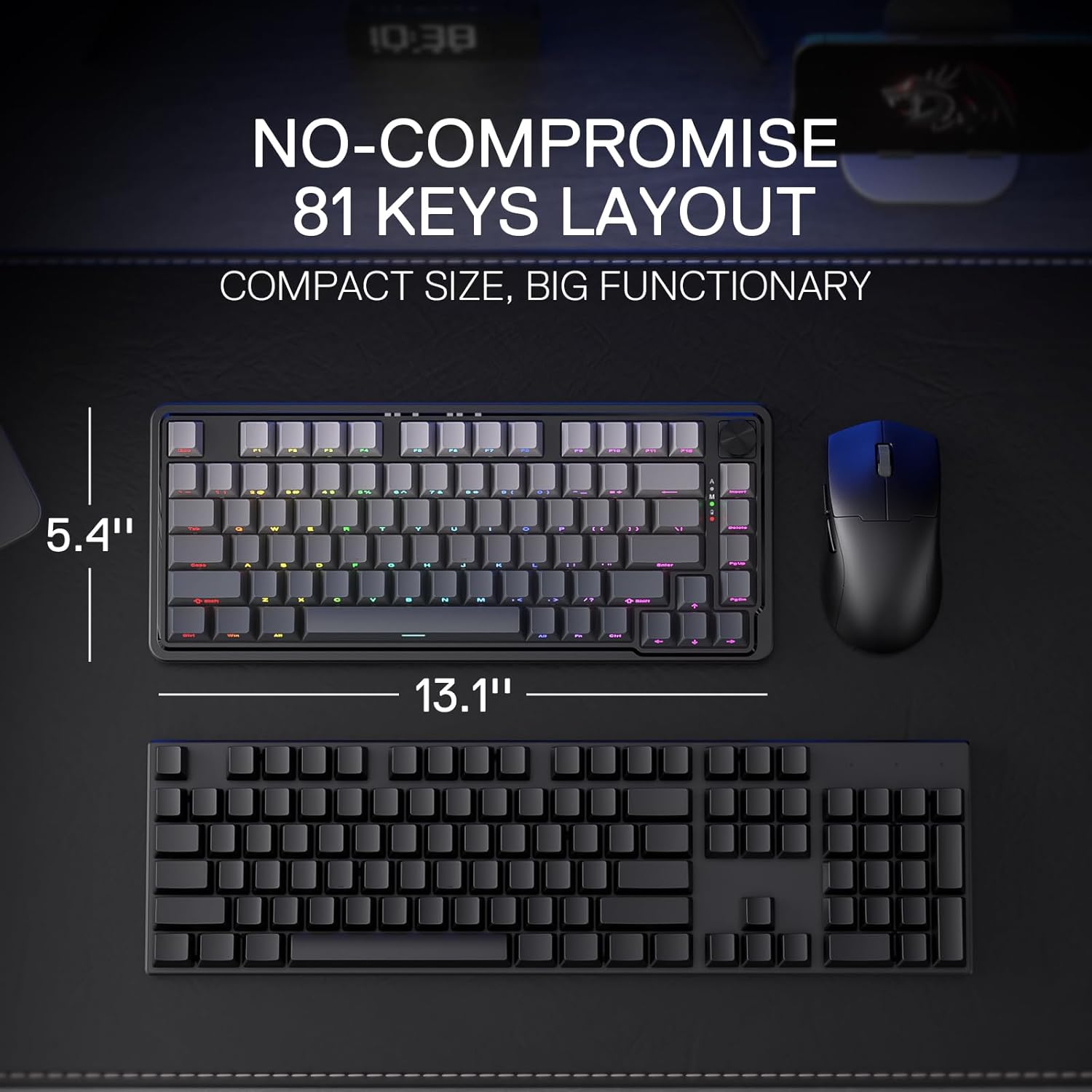 Redragon K673 GB 75% Wireless Gasket RGB Gaming Keyboard, 3-Modes 81 Keys PBT Compact Mechanical Keyboard w/Hot-Swap Socket, Dedicated Knob Control & 5-Layer Noise Dampening, Custom Linear Switch - Image 3
