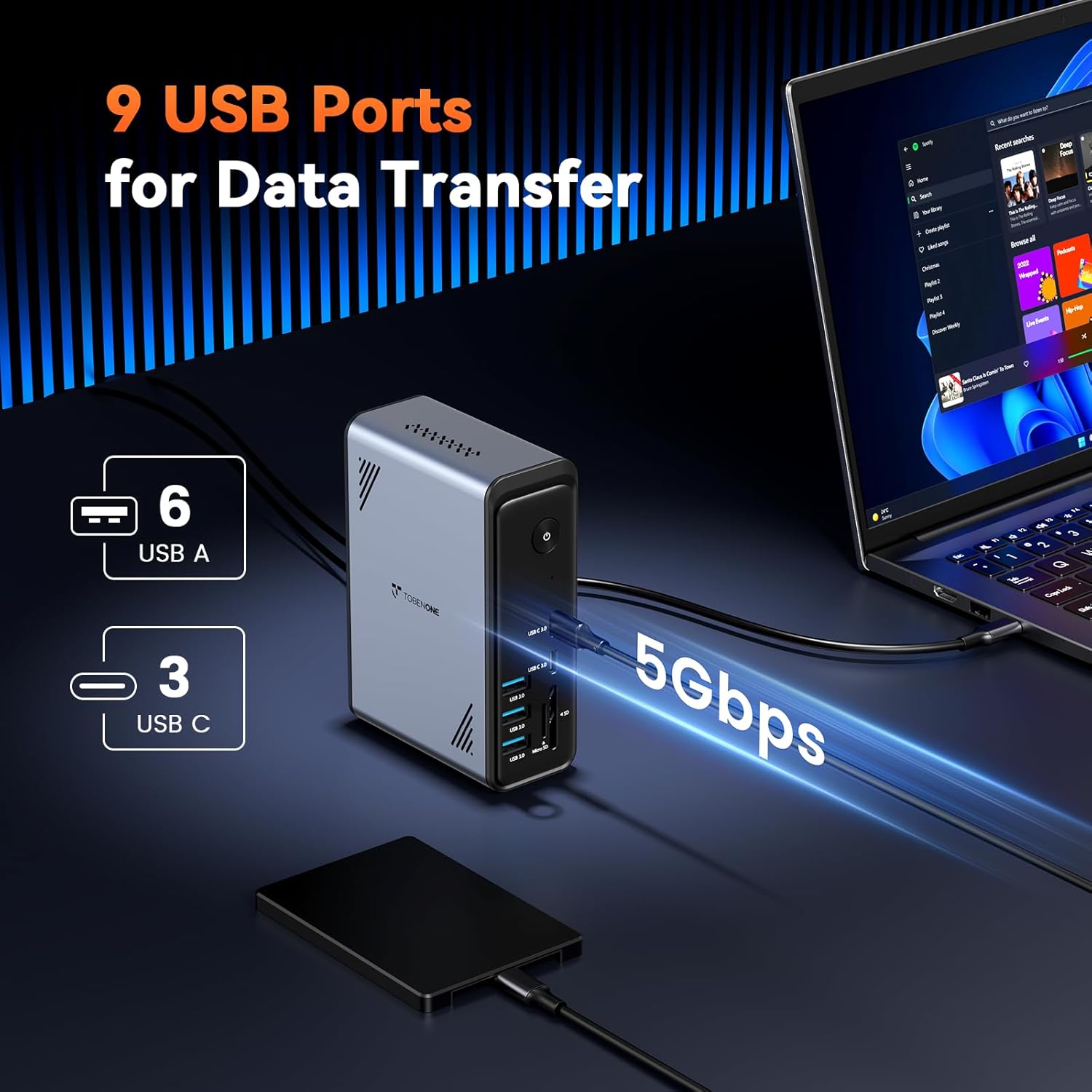 TobenONE 18 in 1 Laptop Docking Station 3 Monitors, Triple 4K Display with 3 HDMI, 9 USB Ports, Gigabit Ethernet, PD3.0, for Windows/Dell/Lenovo/HP/Thinkpad Laptops (No Power Adapter) - Image 4