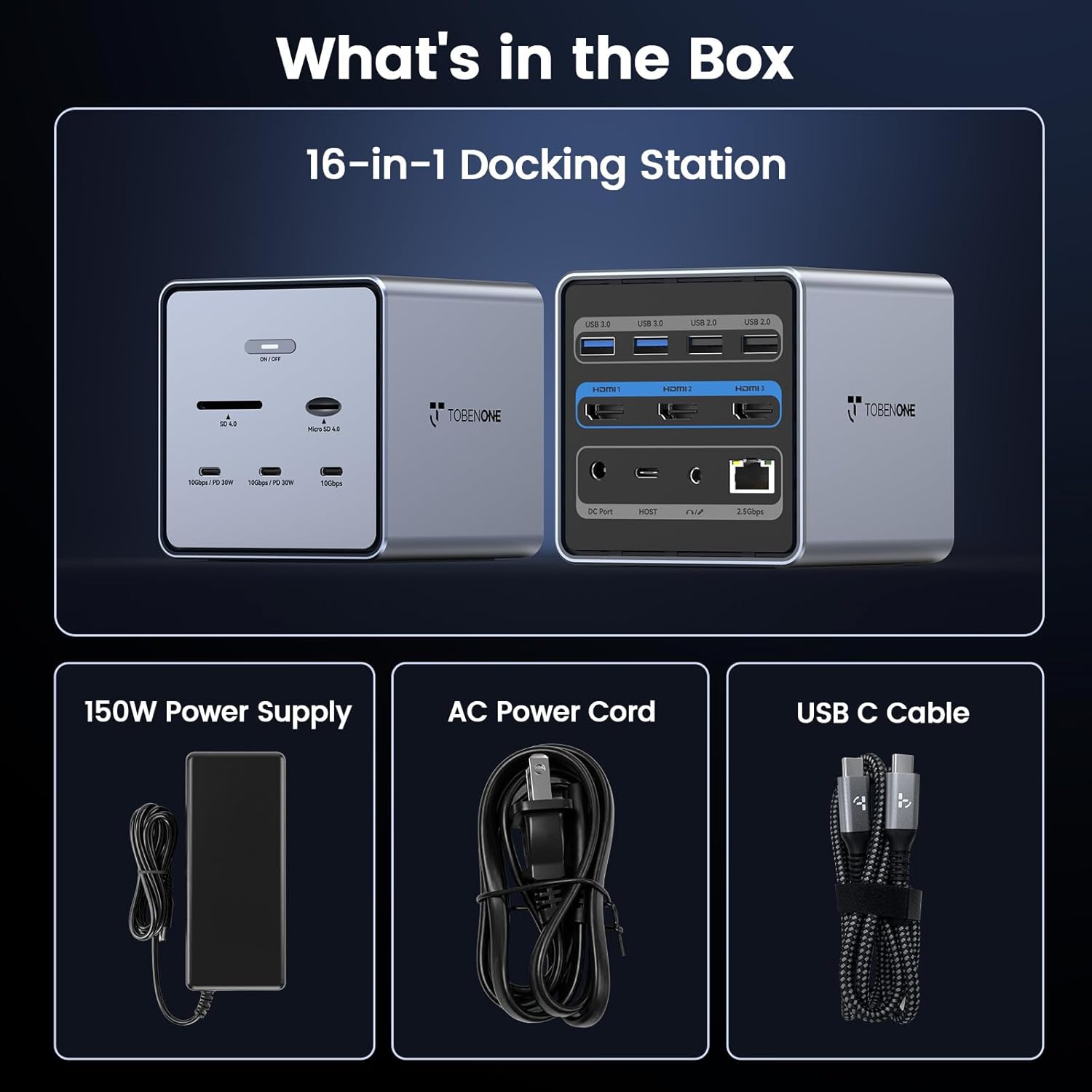 TobenONE 16-in-1 Laptop Docking Station π§πΏπΆπ½πΉπ² π°π Monitor with 150W Power Supply, 3 HDMI, 2.5Gbps Ethernet, 7 USB, USB-C Docking Station for Thunderbolt 5/4/3 Windows/Dell/Lenovo/HP/Asus - Image 9