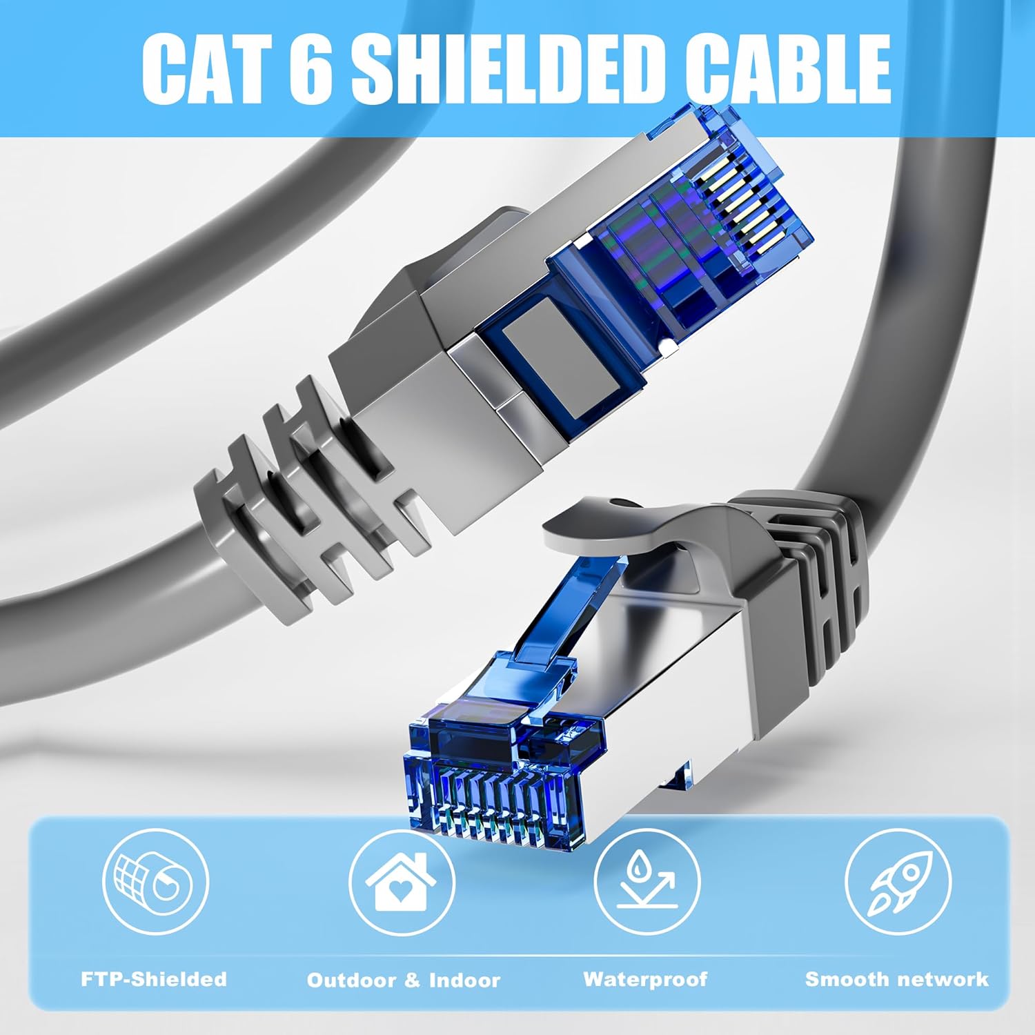 Outdoor Ethernet Cable 100ft, Cat 6 FTP Shielded Ethernet Cable Indoor, 23AWG High Speed Ethernet Patch Cords, Network, Interner Cable, UV Resistant, Waterproof, Direct Burial, with RJ45 for Router - Image 2