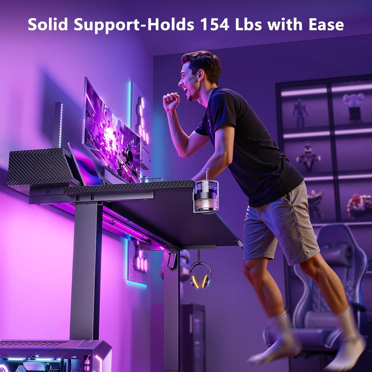 OffiGo Gaming Standing Desk with LED Light, 55 Inch Electric Height Adjustable Table with Power Outlet & Monitor Stand, Sit Stand Computer Workstation for Home, Bedroom, Black - Image 3