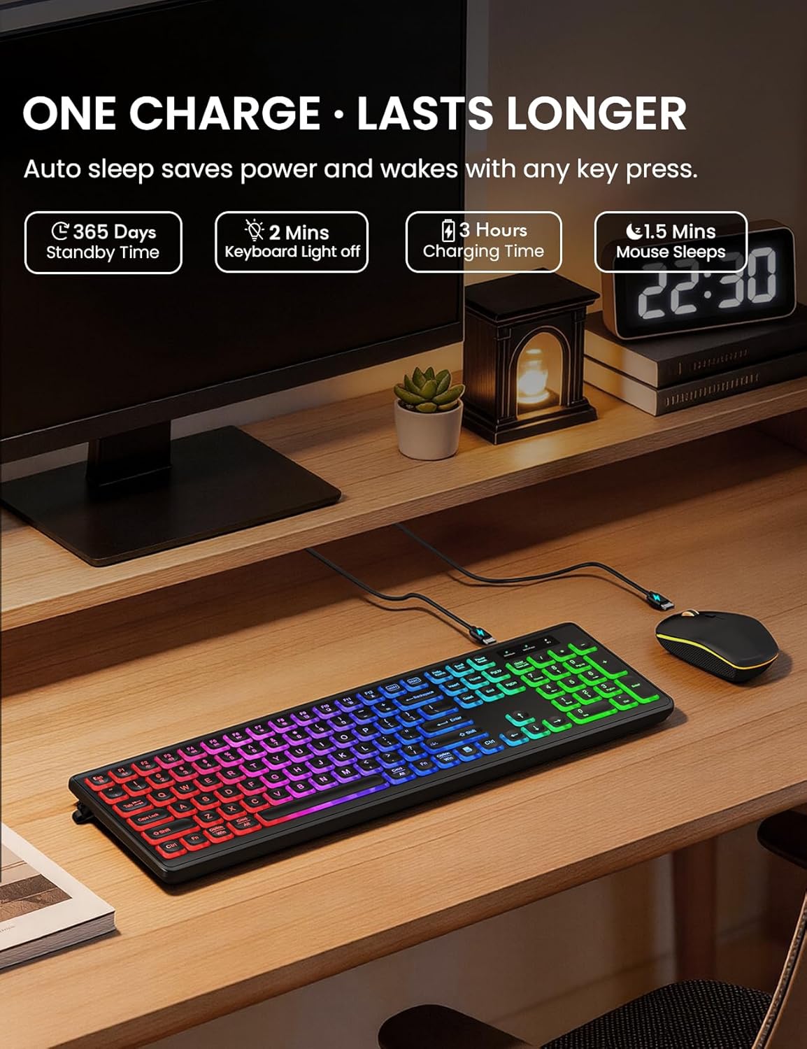 Wireless Keyboard and Mouse Combo, RGB Backlit, Rechargeable & Light Up Letters, Full-Size, Soft Typing, Sleep Mode, 2.4GHz Quiet Keyboard Set for Mac, Windows, Laptop, PC, Trueque KM42Pro (Black) - Image 4