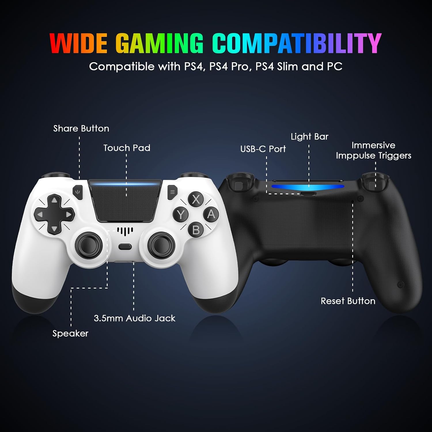 ewnol 2 Pack Controllers with Charging Dock Station for PS4 Controller, Wireless Controller Compatible with PS4/Pro/Slim Consoles, with LED Charging Dock, Black & White - Image 2