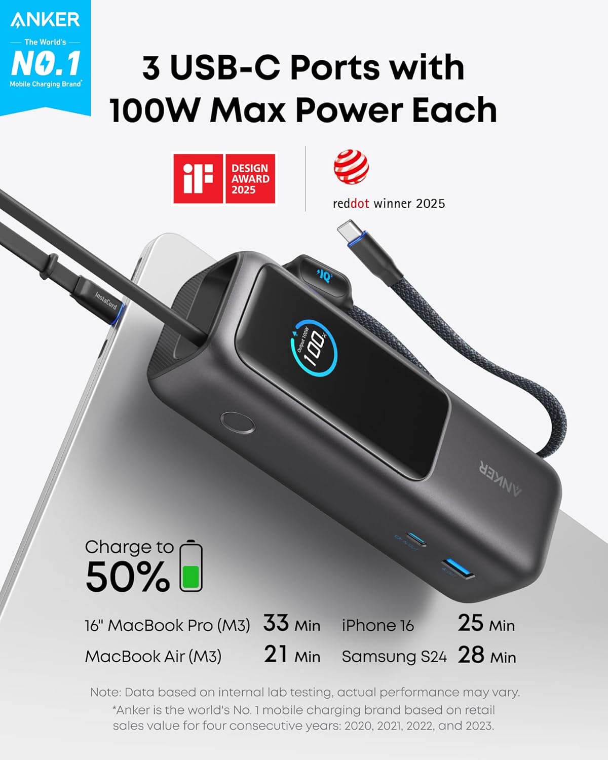 Anker Laptop Power Bank,25,000mAh Portable Charger with 165W Total Output,3 USB-C Ports (100W Max Each),Built-in Retractable Cables,Flight-Ready,for iPhone 17/16 Series,MacBook,Samsung,and More - Image 2