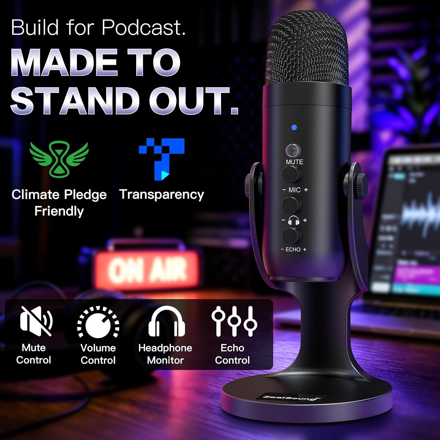 ZealSound Podcast Microphone for PC, Noise Cancellation USB Mic with Gain, Volume Adjustment & Mute Button, Monitoring & Echo, for YouTube, TikTok, Podcasting, Streaming, iPhone, iPad, Android, Mac - Image 2