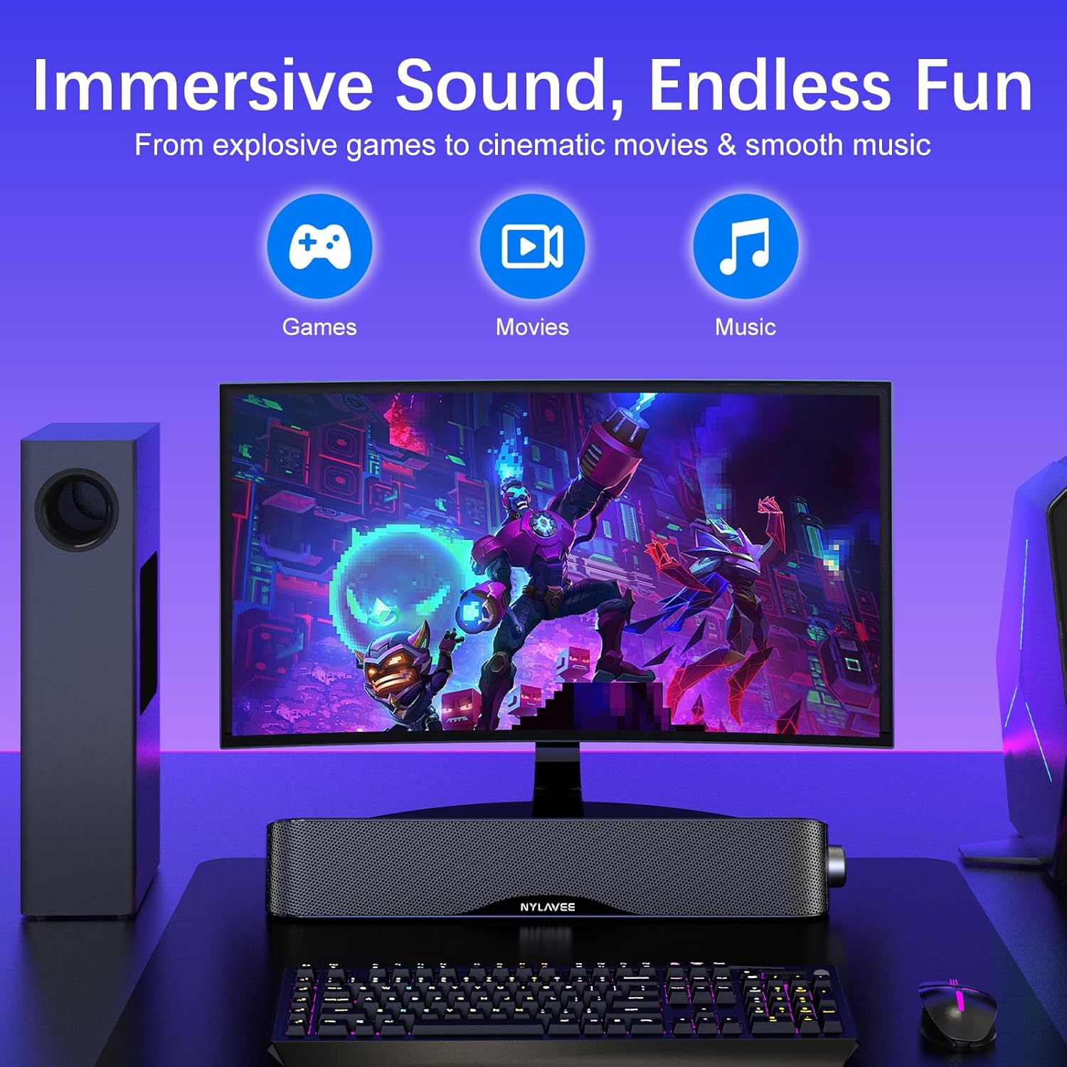 Nylavee Computer Speakers with Subwoofer, 2.1 PC Speakers System with Bluetooth 5.4 & 3.5mm Aux-in, 60W Peak Power, AC Adapter Powered Computer Sound Bar for Desktop PC, Laptop, Monitor, Gaming - Image 6