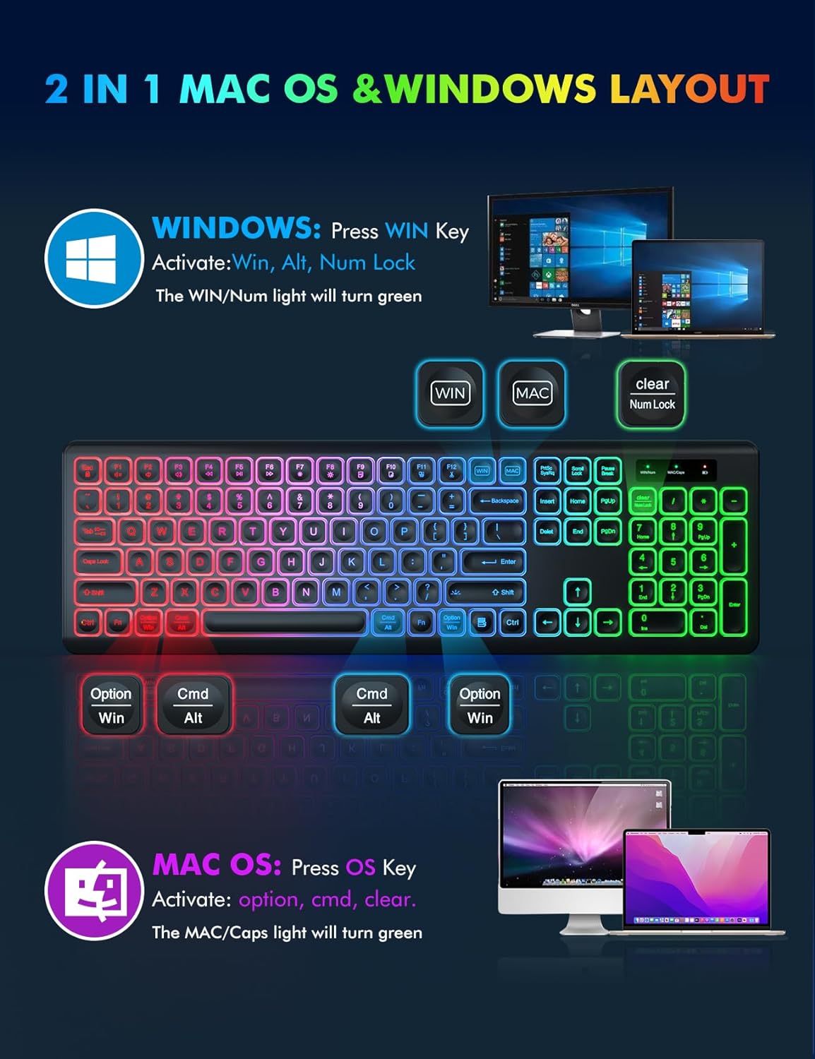 Wireless Keyboard and Mouse Combo, RGB Backlit, Rechargeable & Light Up Letters, Full-Size, Soft Typing, Sleep Mode, 2.4GHz Quiet Keyboard Set for Mac, Windows, Laptop, PC, Trueque KM42Pro (Black) - Image 9