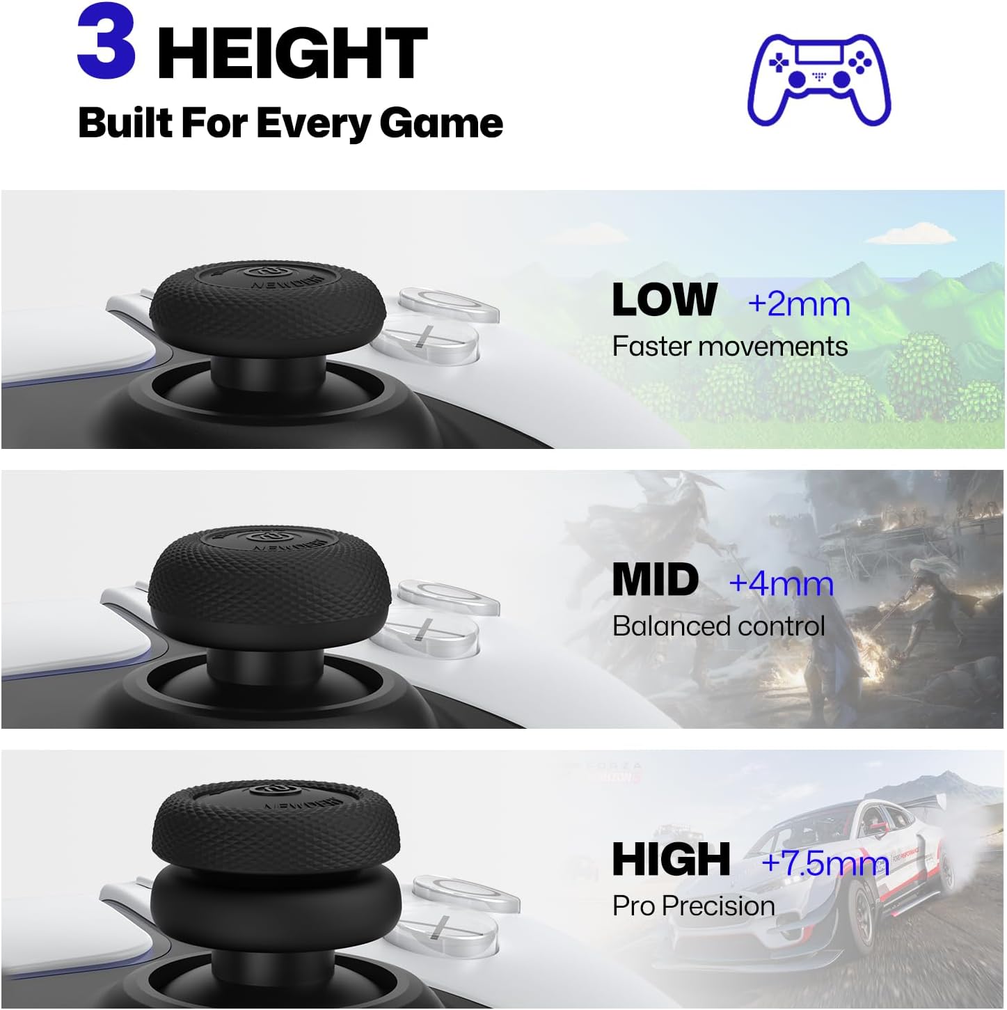 NEWDERY Thumb Grips for PS4/PS5 Controller, 3 Height Options (Low/Mid/High) for Precision & Control, Anti-Slip Silicone Joystick Caps for PlayStation 5/4 Controller, Switch 2 Pro Controller, 12-Pack - Image 2