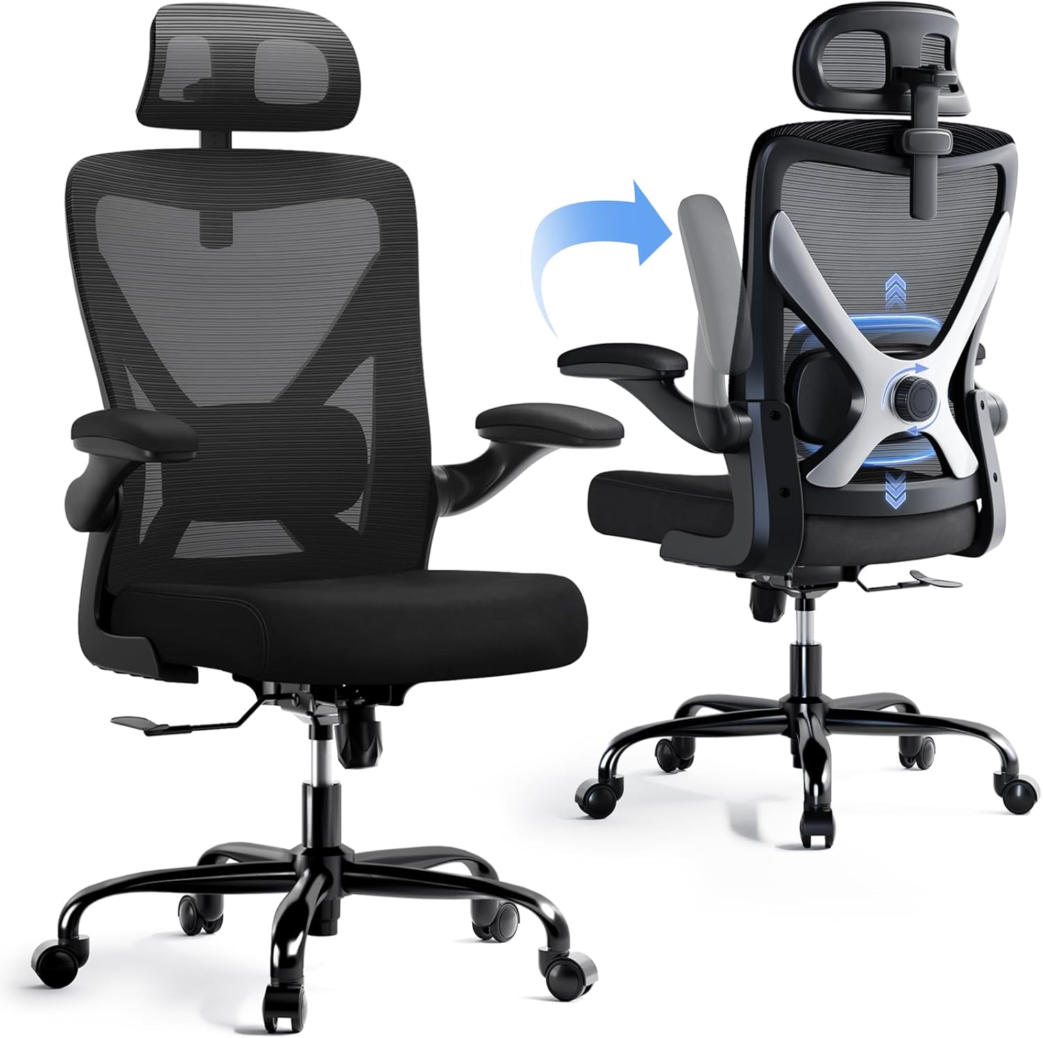 Ergalithic Ergonomic Office Chair - X-Shaped Computer Desk Chair Comfy, Gaming Chair, Office Chair with Lumbar Support, Mesh Office Chairs with Headrests, Desk Chair for Long Hours (Black Silver) - Image 6