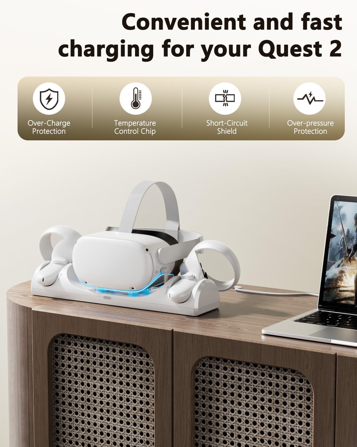 Charging Dock for Meta Quest 2, Magnetic Fast Charging Station for 0culus Quest 2 Accessories with 2000mAh Rechargeable Batteries, 3H Fast Charge & LED Indicators, Charging Stand for VR2 Headset - Image 2