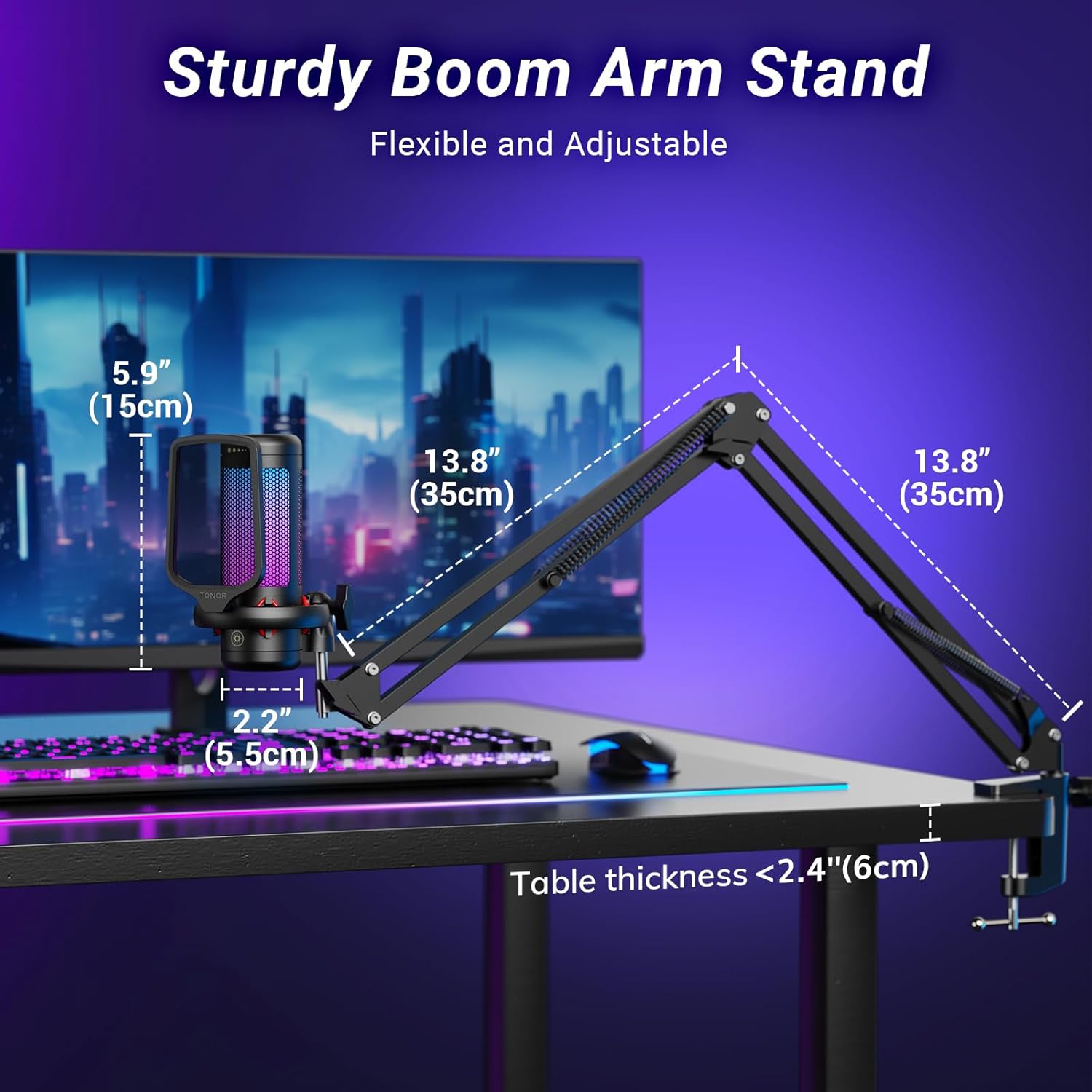TONOR Gaming Microphone Set with Boom Arm, Vocal Condenser Microphone for PC with Stand, USB Mic with controllable RGB Light, One Tap Mute, Volume Control, for Discord, Twitch Streaming, TC310+ - Image 6