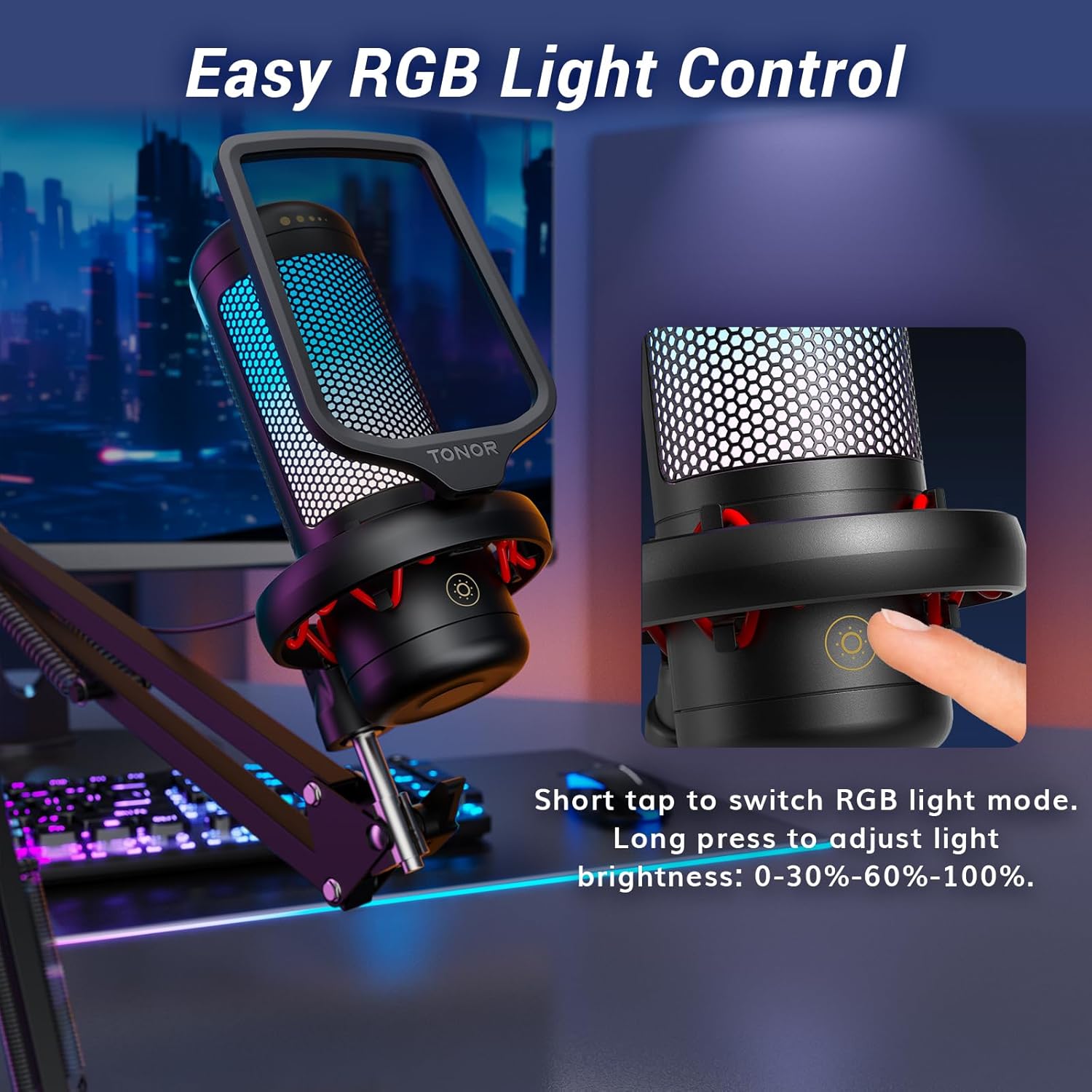 TONOR Gaming Microphone Set with Boom Arm, Vocal Condenser Microphone for PC with Stand, USB Mic with controllable RGB Light, One Tap Mute, Volume Control, for Discord, Twitch Streaming, TC310+ - Image 4