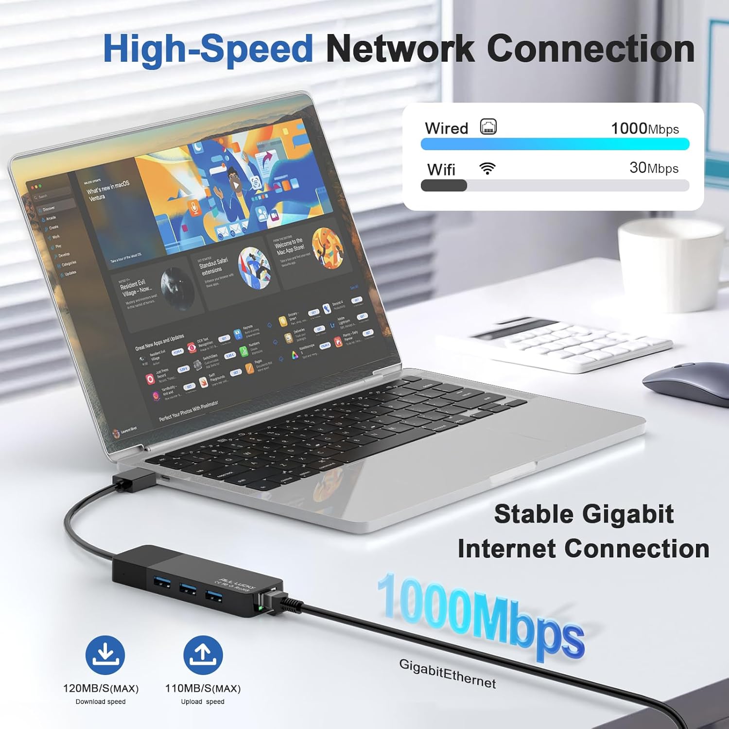 ALL-LUCKY USB Hub with Ethernet Adapter, 4-in-1 USB 3.0 Gigabit Network Hub (1000Mbps, 3×USB 3.0 + RJ45), Plug and Play for Laptop/PC/MacBook/Surface Pro/Dell XPS/HP, Windows/Mac OS/Chrome OS - Image 4