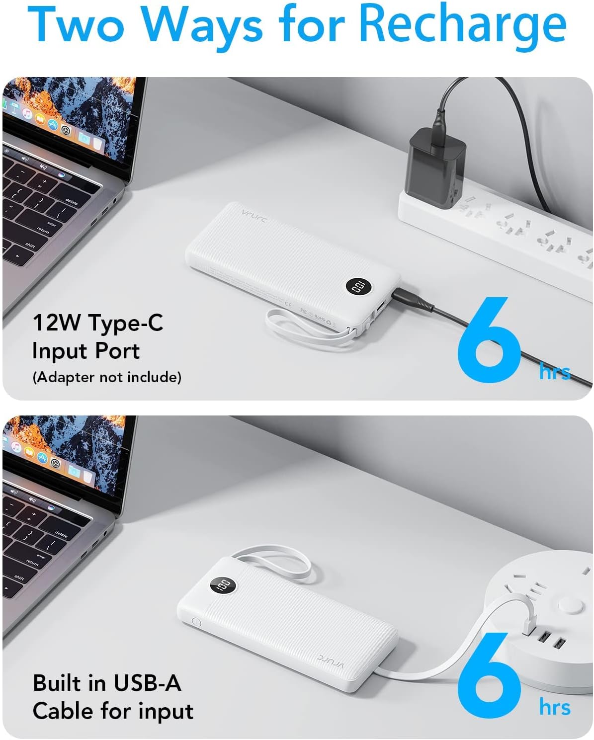 VRURC Portable Charger Built in Cables, Slim Power Bank 10000mAh, Multi Devices Charging Bank with Lanyard, USB C Battery Pack 5 Outputs for for All Cell Phones Devices, Samsung,Android-White(1 Pack) - Image 6