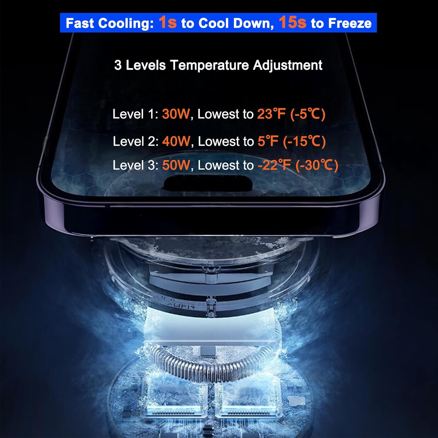 Phone Cooler for Gaming, Live Streaming, 50W Magnetic Cell Phone Cooler with Low Noise Liquid Cooling Radiator for iPhone MagSafe Series/Android/iPad/Tablet, with RGB Cooling Fan (Gray) - Image 3