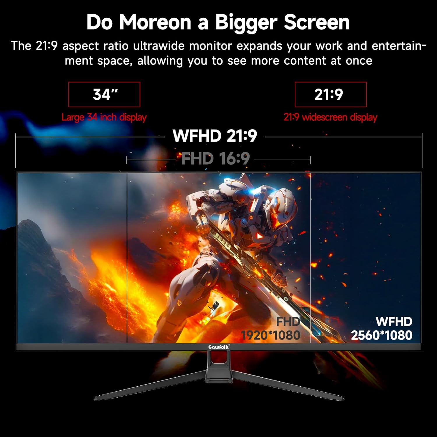 Gawfolk Gaming Monitor 34 inch IPS 120Hz, Ultrawide PC Screen 2560×1080P Ultra-Thin Zero Frame Computer Display for Home Office Business, DP, HDMI, Wall-Mounted, Black - Image 4