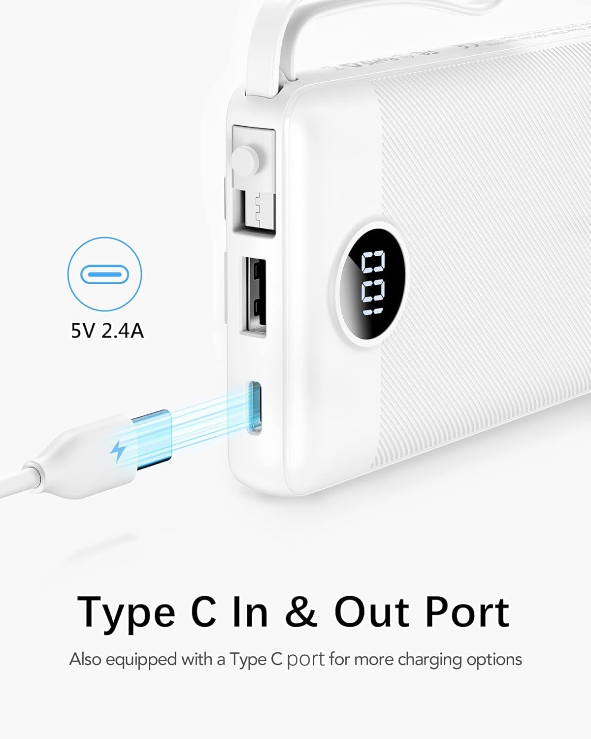 VRURC Portable Charger Built in Cables, Slim Power Bank 10000mAh, Multi Devices Charging Bank with Lanyard, USB C Battery Pack 5 Outputs for for All Cell Phones Devices, Samsung,Android-White(1 Pack) - Image 3