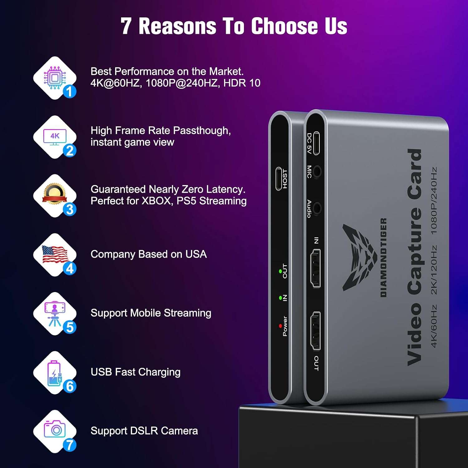 4K 60Hz Capture Card, 1080P 240Hz Gaming Video Capture Card with HDR VRR Passthrough, USB 3.2 Type-C Lag-Free Recorder for PS5, Xbox Series X/S, Nintendo Switch, PC, OBS, Twitch - Image 3