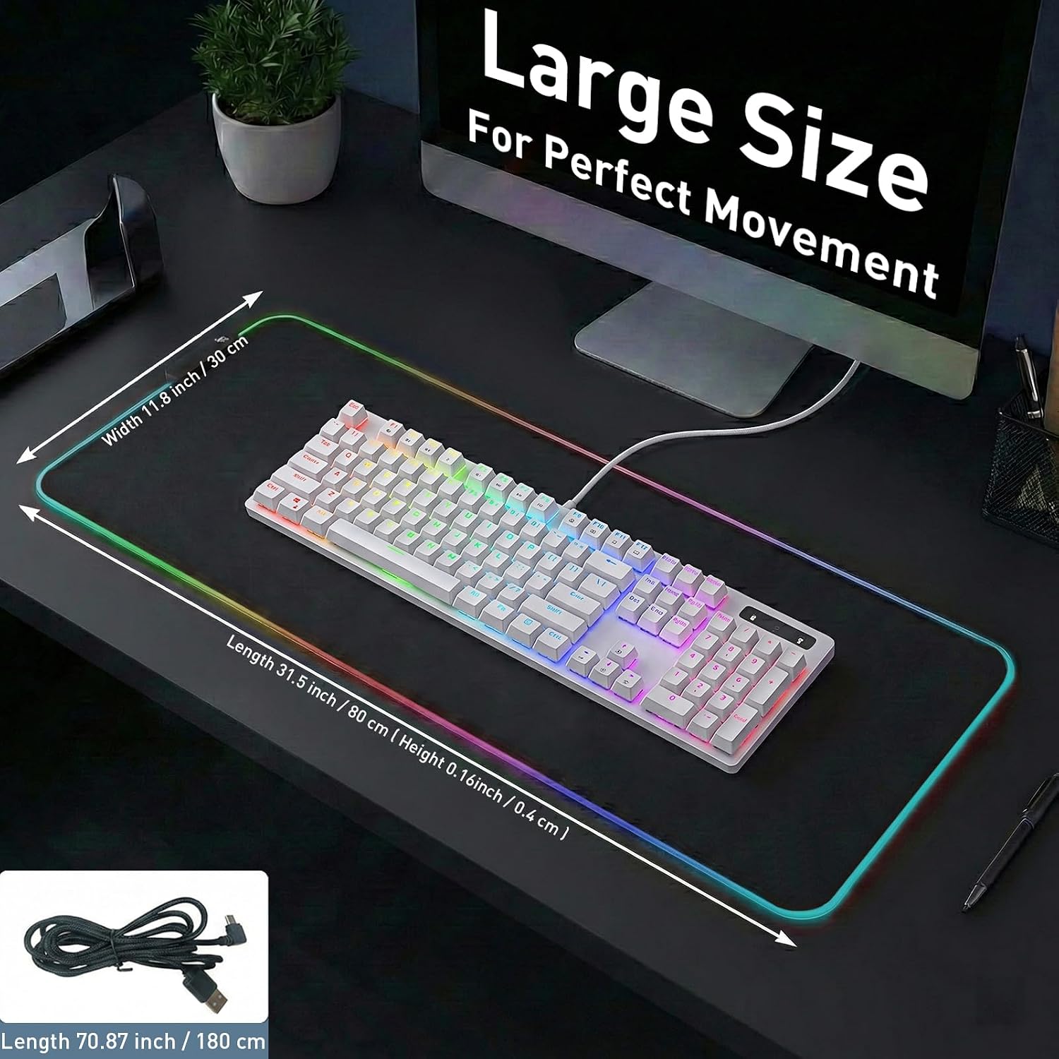 RGB Gaming Mouse Pad, 31.5 × 11.8 Inch Large Mouse pad for Desk, 13 Light Modes, Non-Slip Rubber Base, Waterproof, for PC Laptop Office Gaming Use - Image 4