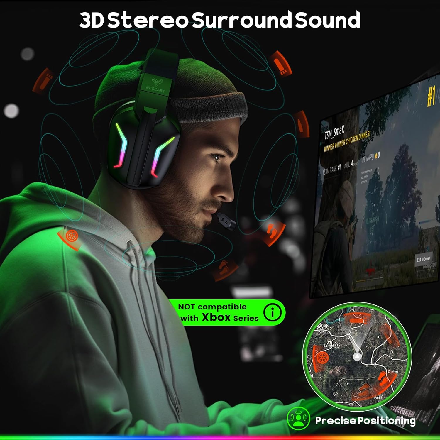 WESEARY Wireless Gaming Headset for PS5, PS4, PC, Switch & Mac, 20ms Ultra-Low Latency, 2.4GHz USB & Bluetooth 5.4 Gaming Headphones with Mic, 50H Battery Life, 3D Audio for Sega Dreamcast Accessories - Image 3