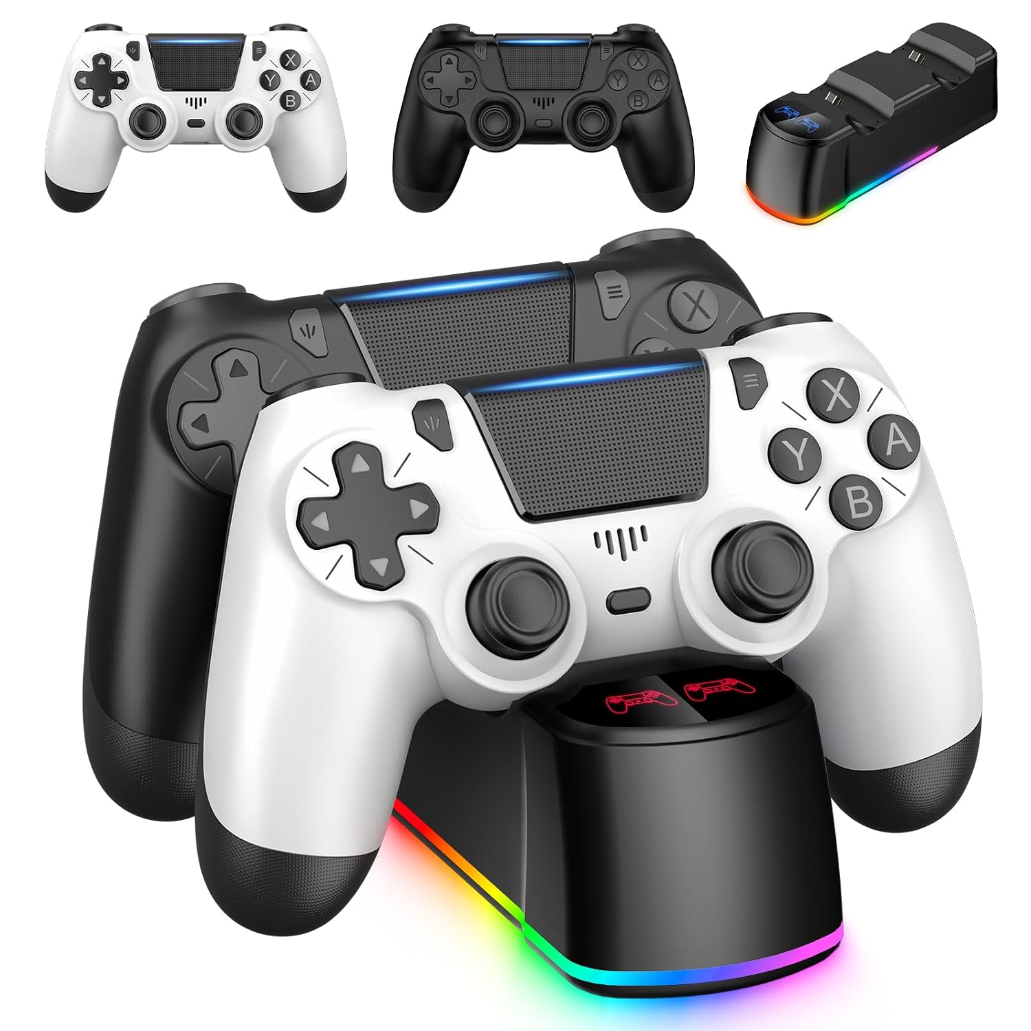 ewnol 2 Pack Controllers with Charging Dock Station for PS4 Controller, Wireless Controller Compatible with PS4/Pro/Slim Consoles, with LED Charging Dock, Black & White