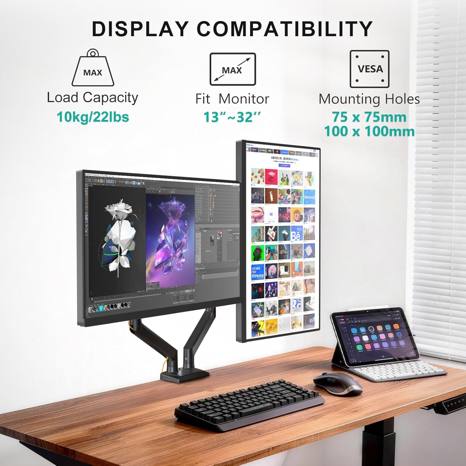 WALI Dual Monitor Stand for 13-32 inch Computer Screens, Dual Monitor Arms for 2 Monitors Holds up to 22 lbs, Height Adjustable Dual Monitors Mount, VESA 75x75/100x100mm (GSMP002N), Black - Image 2