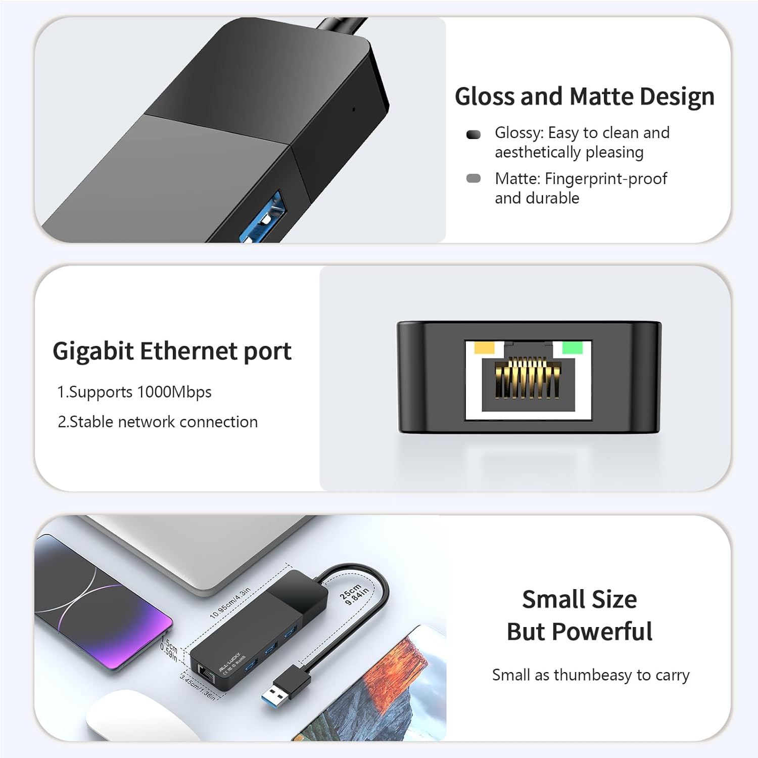 ALL-LUCKY USB Hub with Ethernet Adapter, 4-in-1 USB 3.0 Gigabit Network Hub (1000Mbps, 3×USB 3.0 + RJ45), Plug and Play for Laptop/PC/MacBook/Surface Pro/Dell XPS/HP, Windows/Mac OS/Chrome OS - Image 3