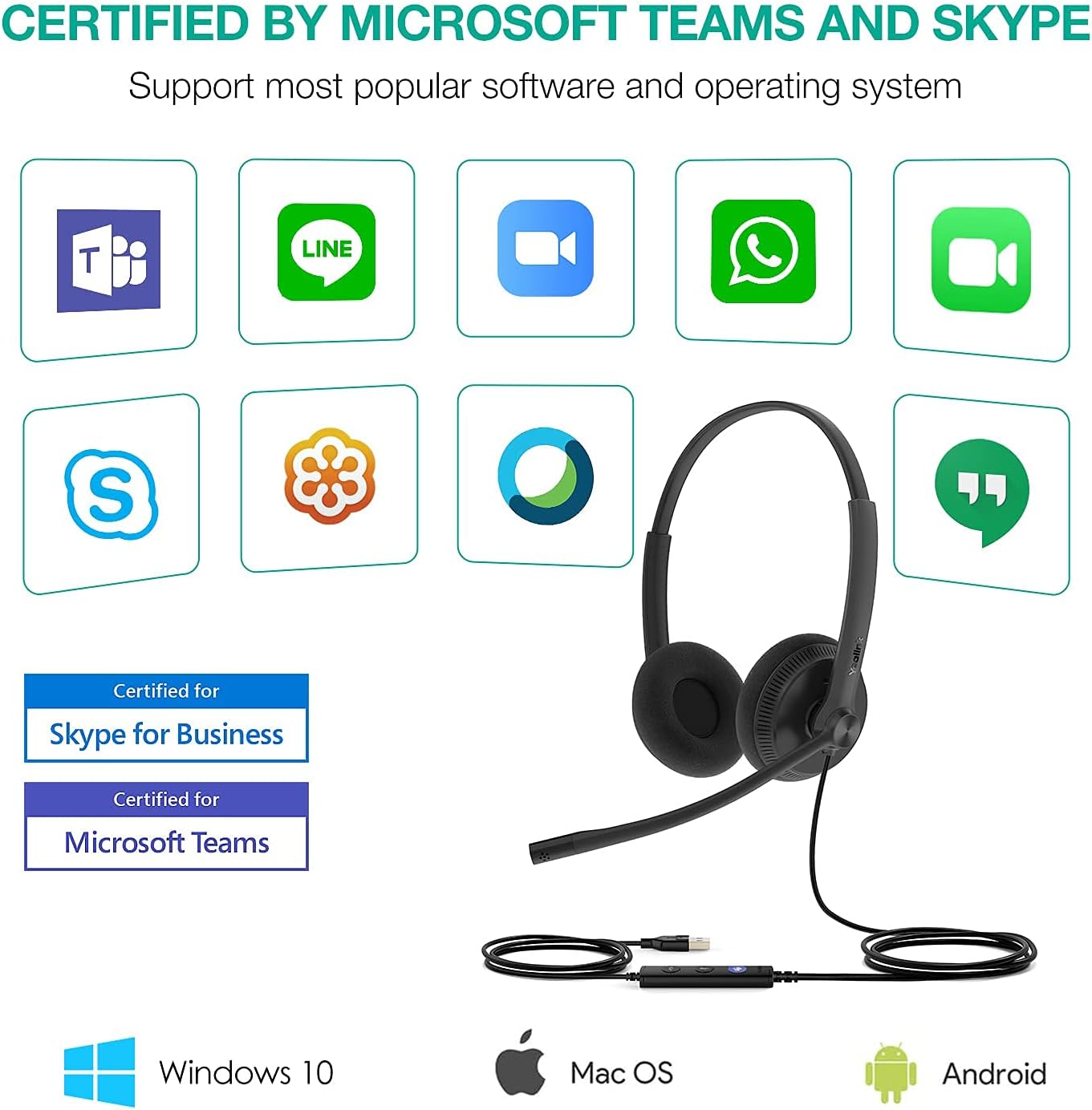 Yealink UH34 USB Headset with Mic,Stereo Wired Headphones with Noise Cancelling Microphone,Professional Work Headset VoIP Phone PC Computer Call Center Office(Ultra Light) - Image 7