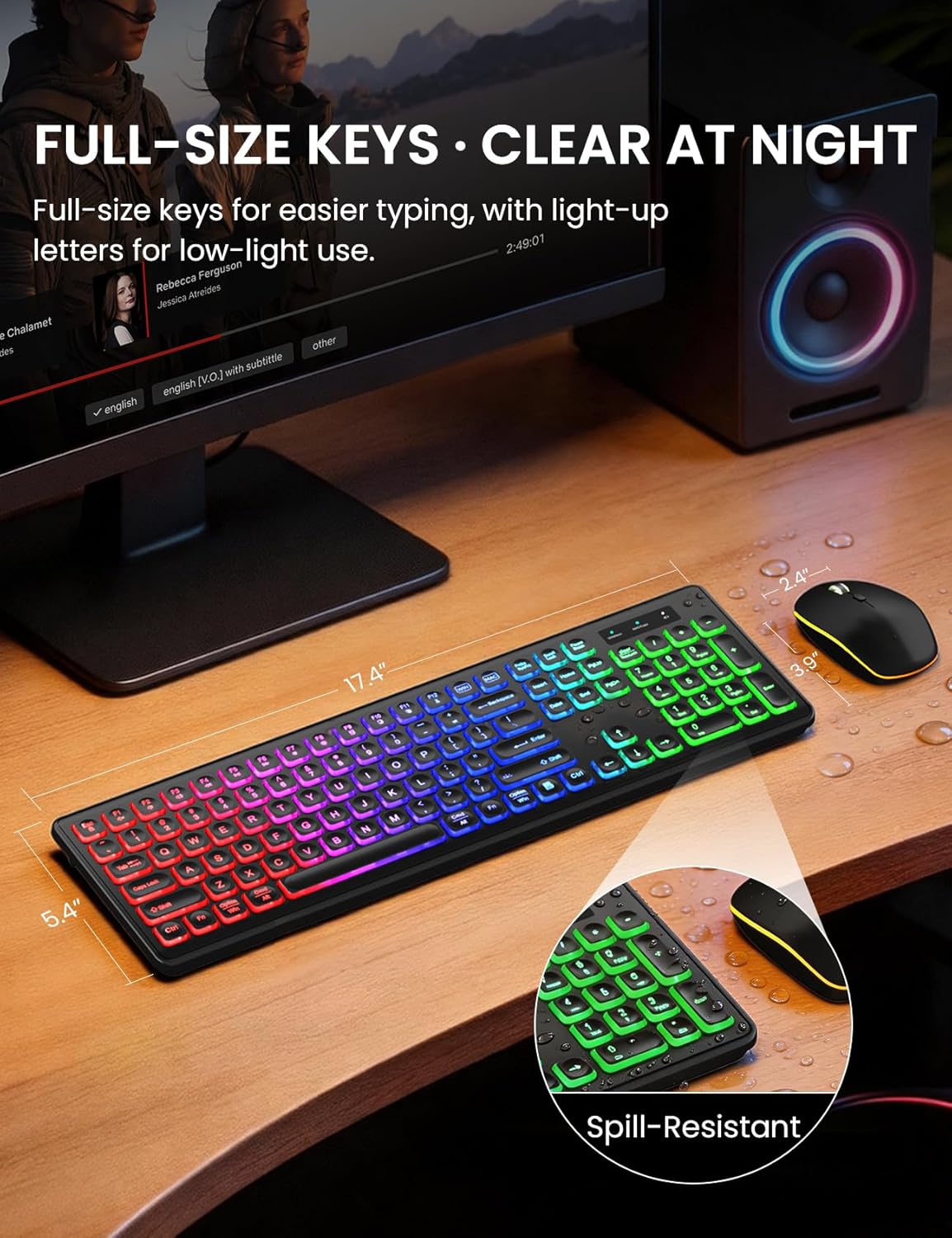 Wireless Keyboard and Mouse Combo, RGB Backlit, Rechargeable & Light Up Letters, Full-Size, Soft Typing, Sleep Mode, 2.4GHz Quiet Keyboard Set for Mac, Windows, Laptop, PC, Trueque KM42Pro (Black) - Image 7