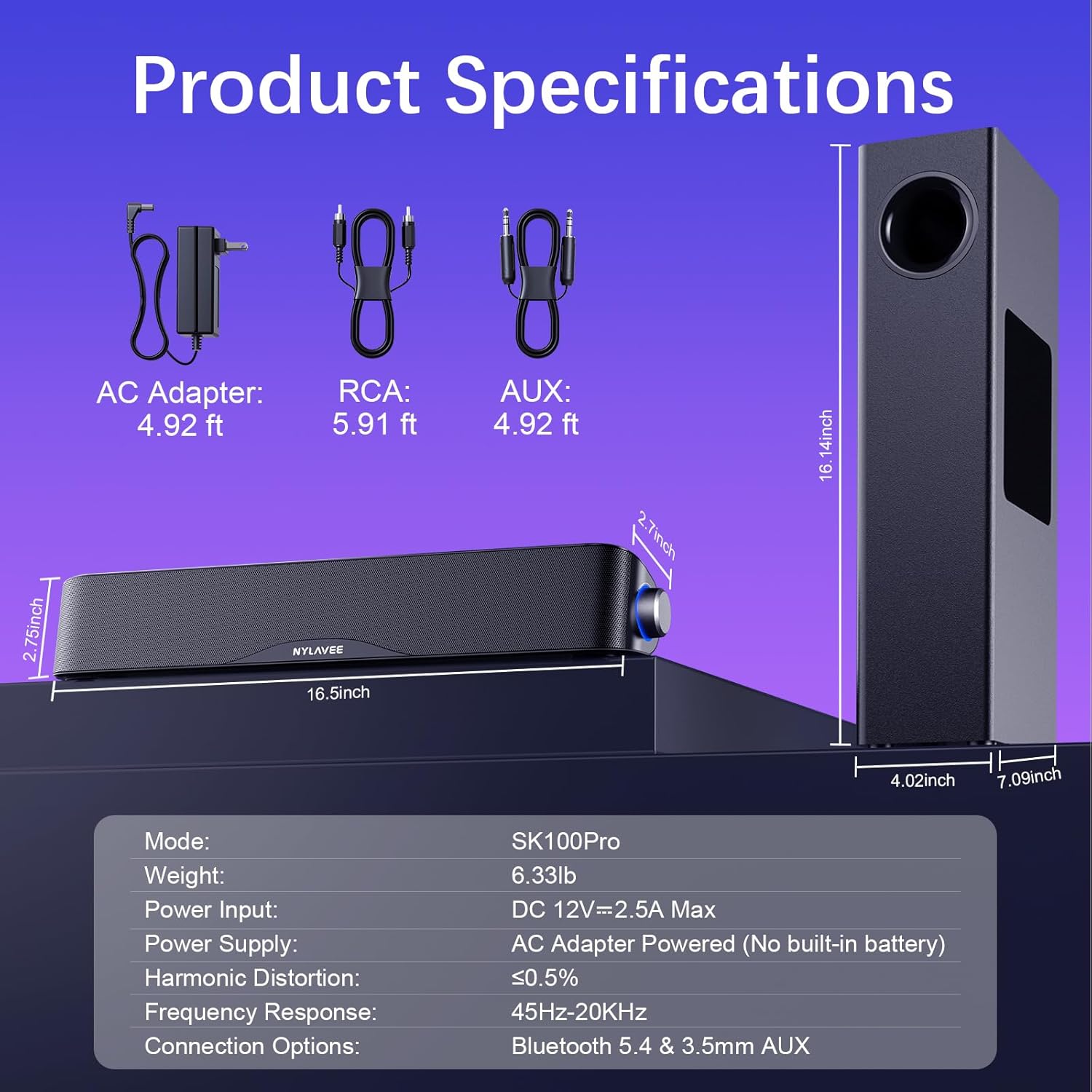 Nylavee Computer Speakers with Subwoofer, 2.1 PC Speakers System with Bluetooth 5.4 & 3.5mm Aux-in, 60W Peak Power, AC Adapter Powered Computer Sound Bar for Desktop PC, Laptop, Monitor, Gaming - Image 7