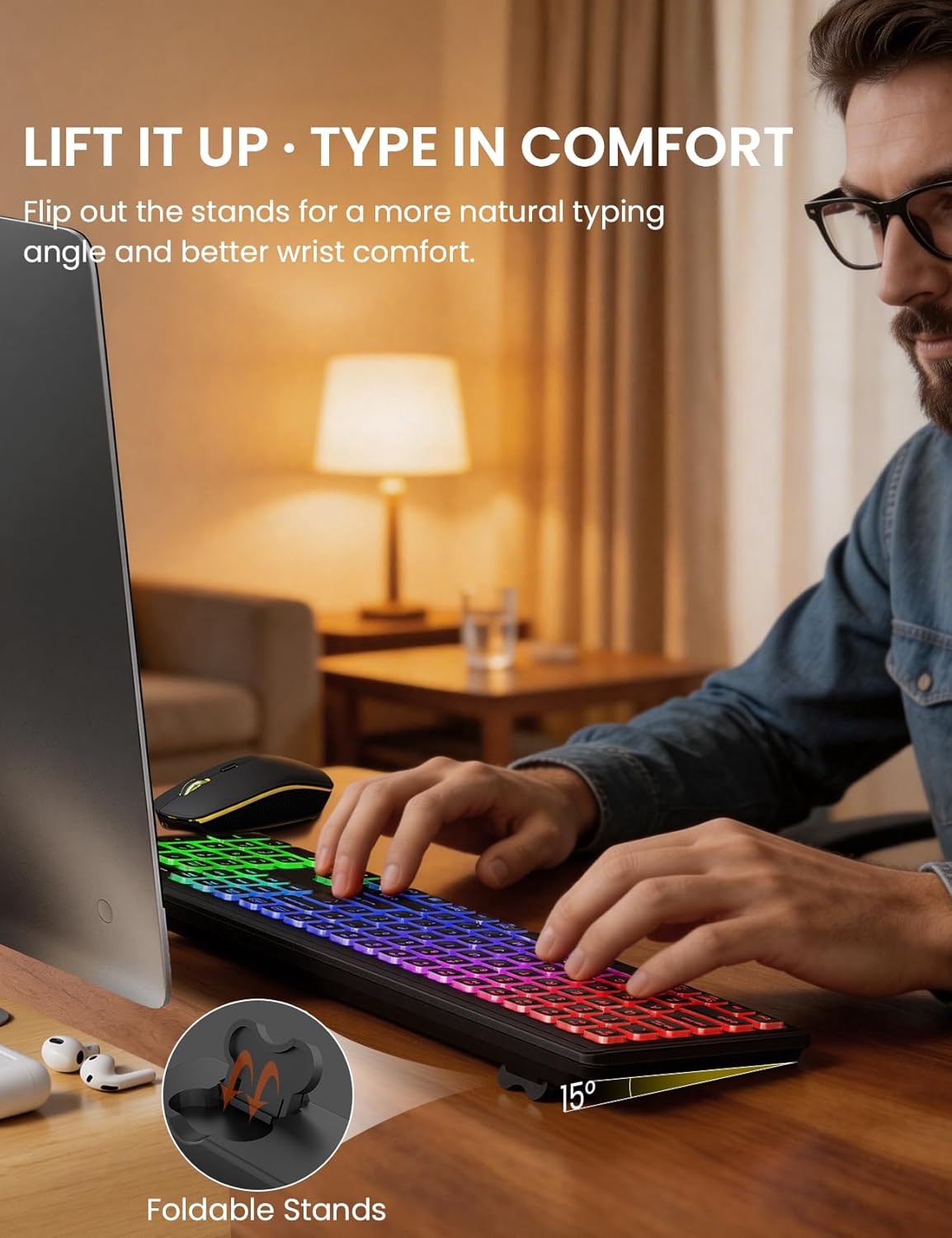 Wireless Keyboard and Mouse Combo, RGB Backlit, Rechargeable & Light Up Letters, Full-Size, Soft Typing, Sleep Mode, 2.4GHz Quiet Keyboard Set for Mac, Windows, Laptop, PC, Trueque KM42Pro (Black) - Image 6
