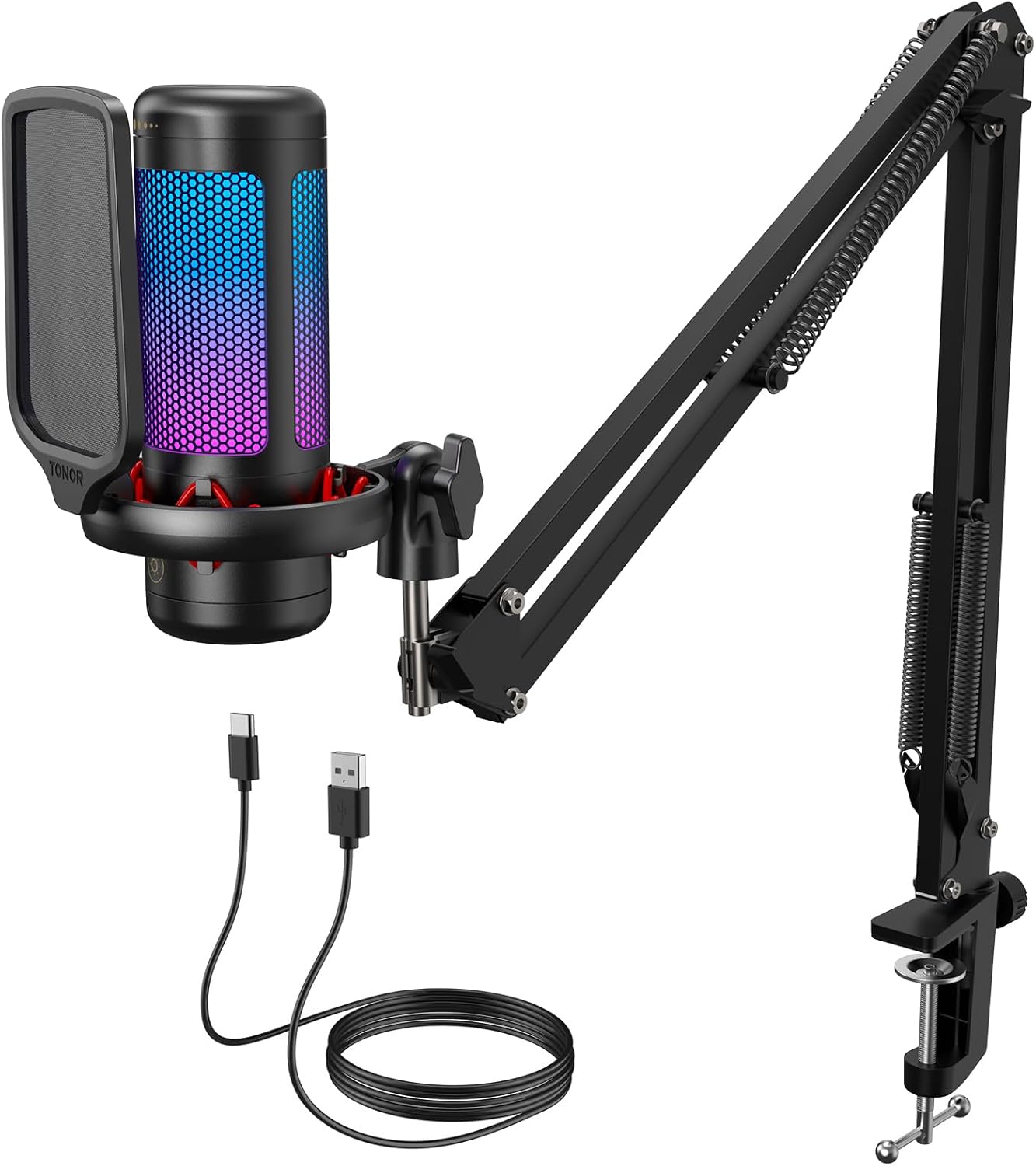 TONOR Gaming Microphone Set with Boom Arm, Vocal Condenser Microphone for PC with Stand, USB Mic with controllable RGB Light, One Tap Mute, Volume Control, for Discord, Twitch Streaming, TC310+