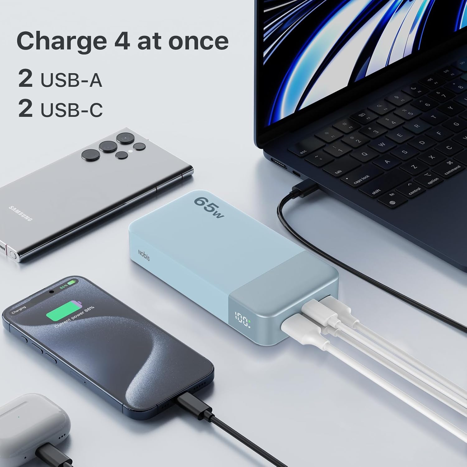 NOBIS Portable Charger, 20000mAh 65W Power Bank with 4 Output Ports, PD QC Fast Charging Travel Essential External Battery Pack for Laptop, MacBook, Phone, Pad (Blue) - Image 4